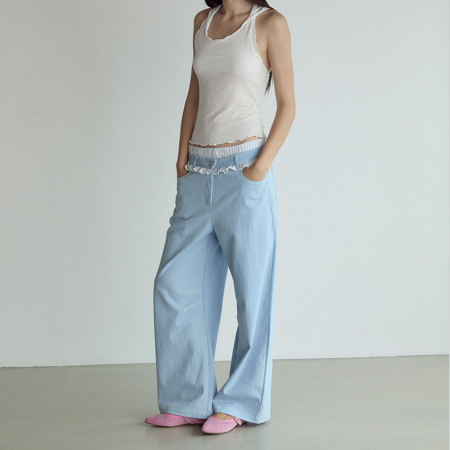 FRILL BLOCK PANTS_BLEU CLAIR