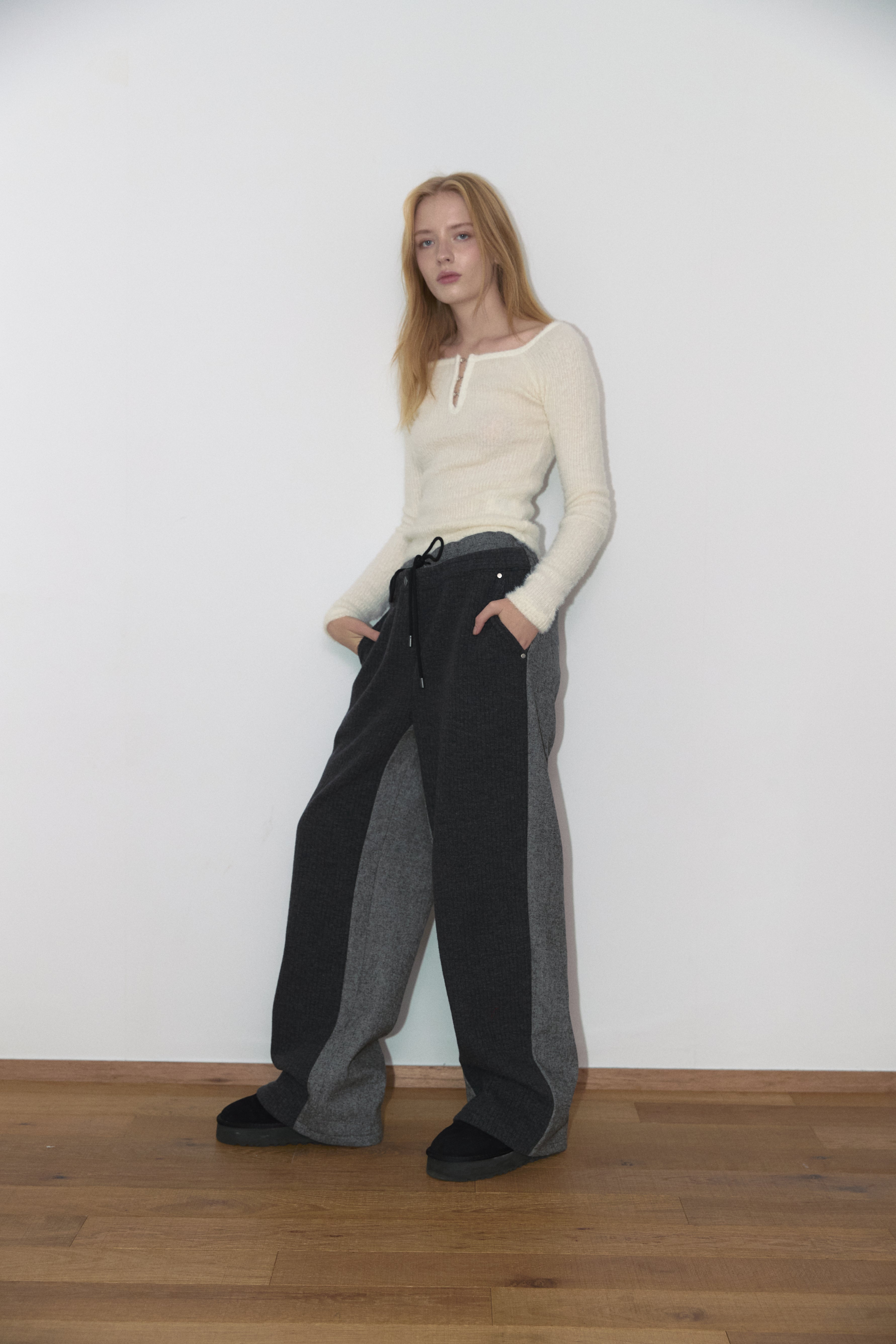 FABRIC MIX WOOL PANTS_GREY