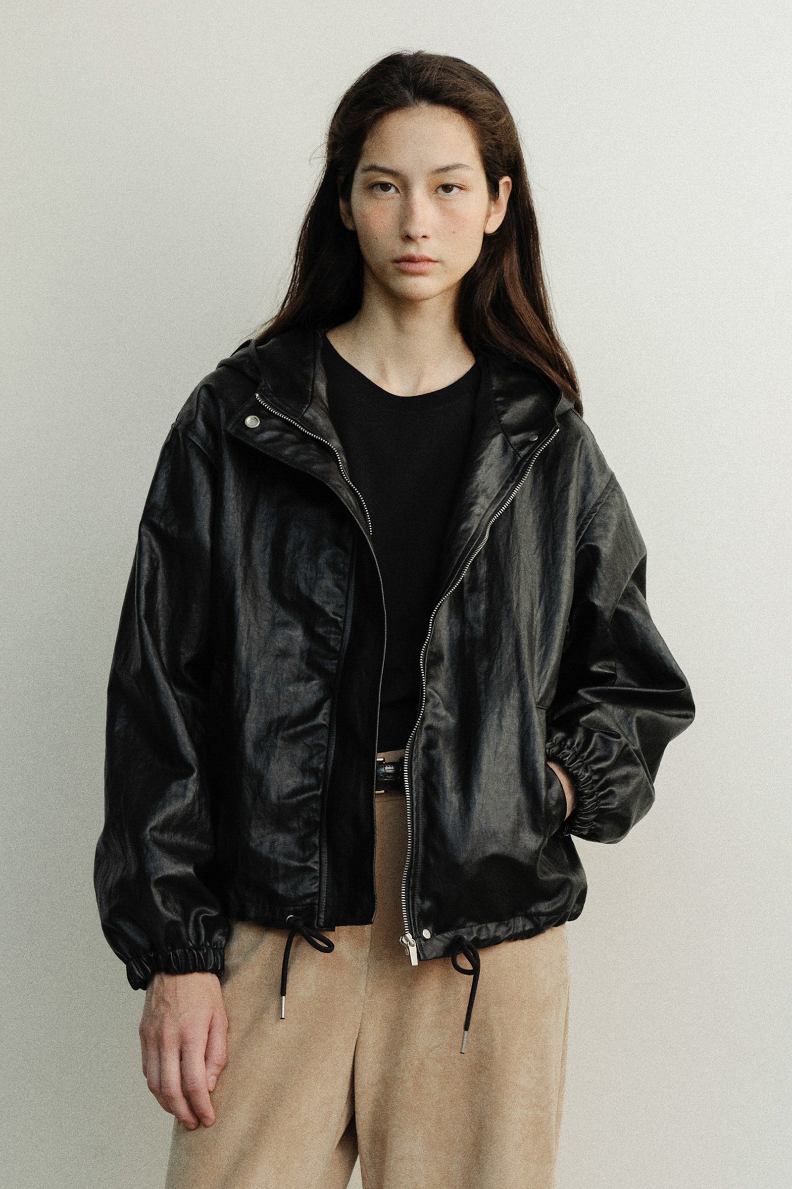 VESTE EN CUIR À CAPUCHE MORGAN_NOIR