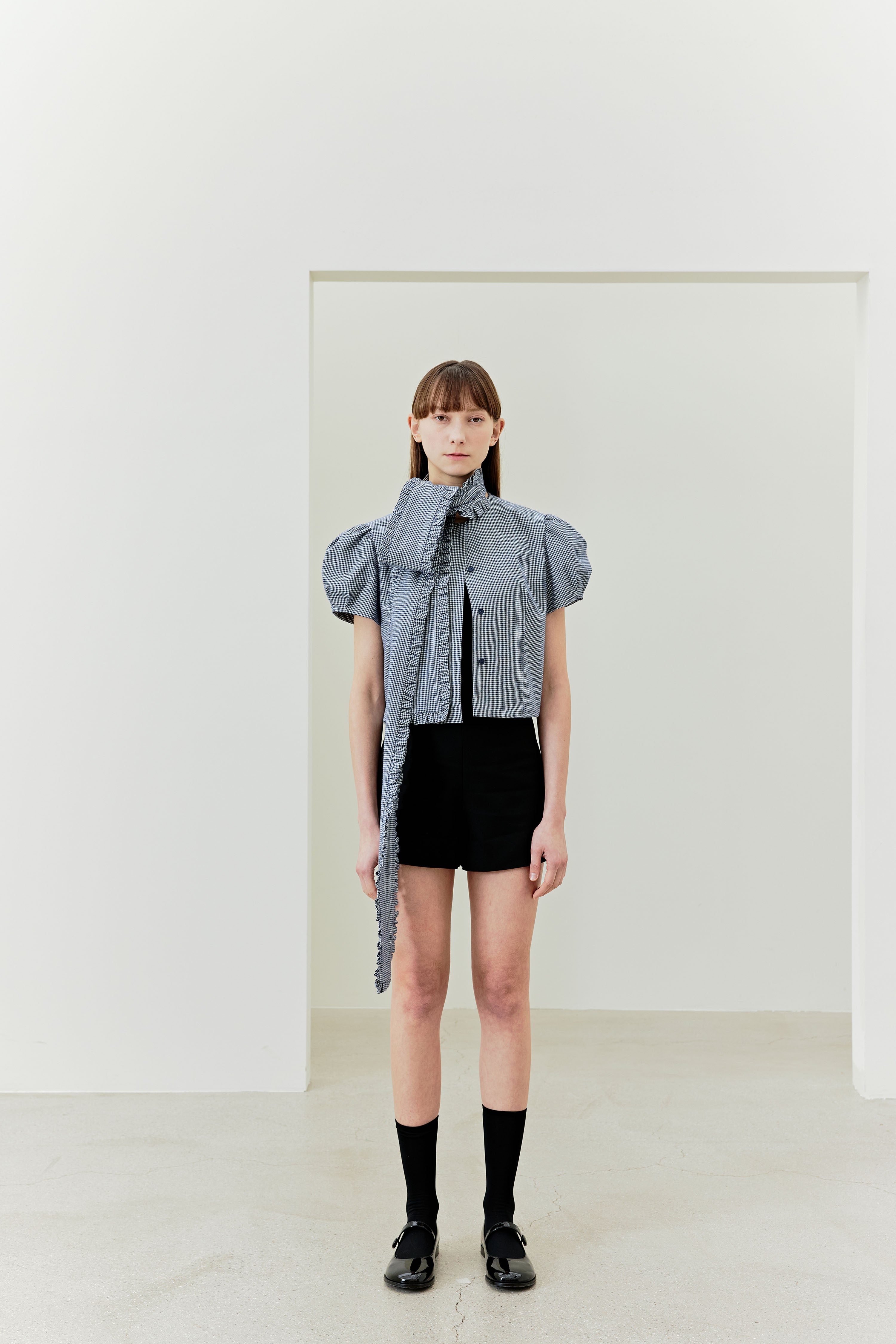 FRILL TIE BLOUSE_GINGHAMCHECK