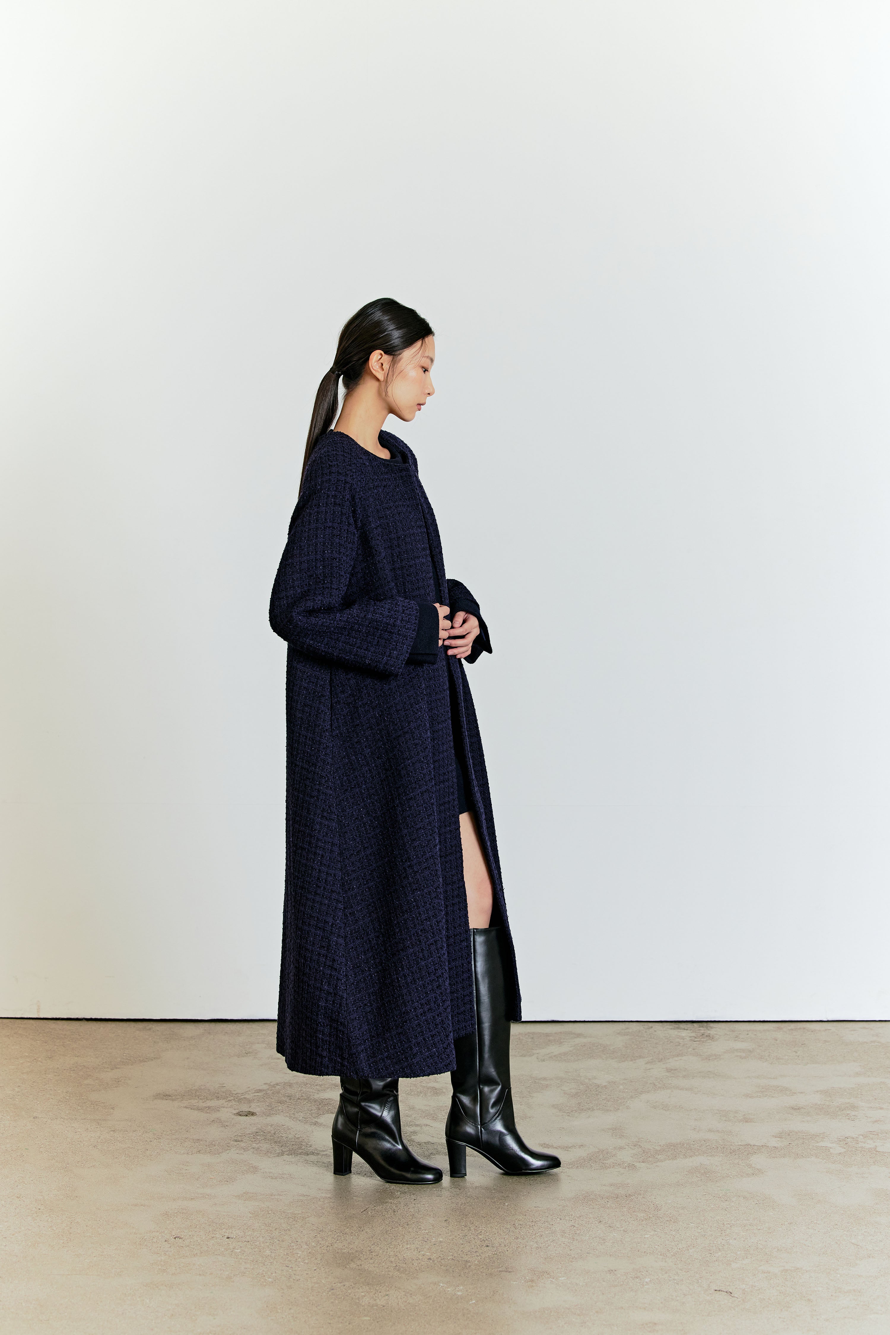 A LINE TWEED COAT_NAVY