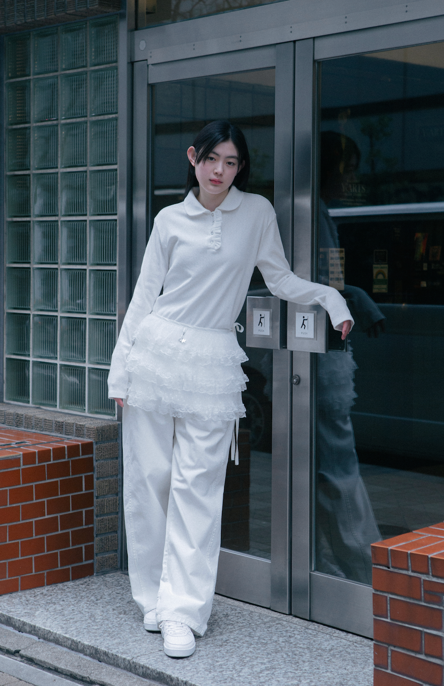 ROUND COLLAR FRILL LONG T-SHIRT_WHITE