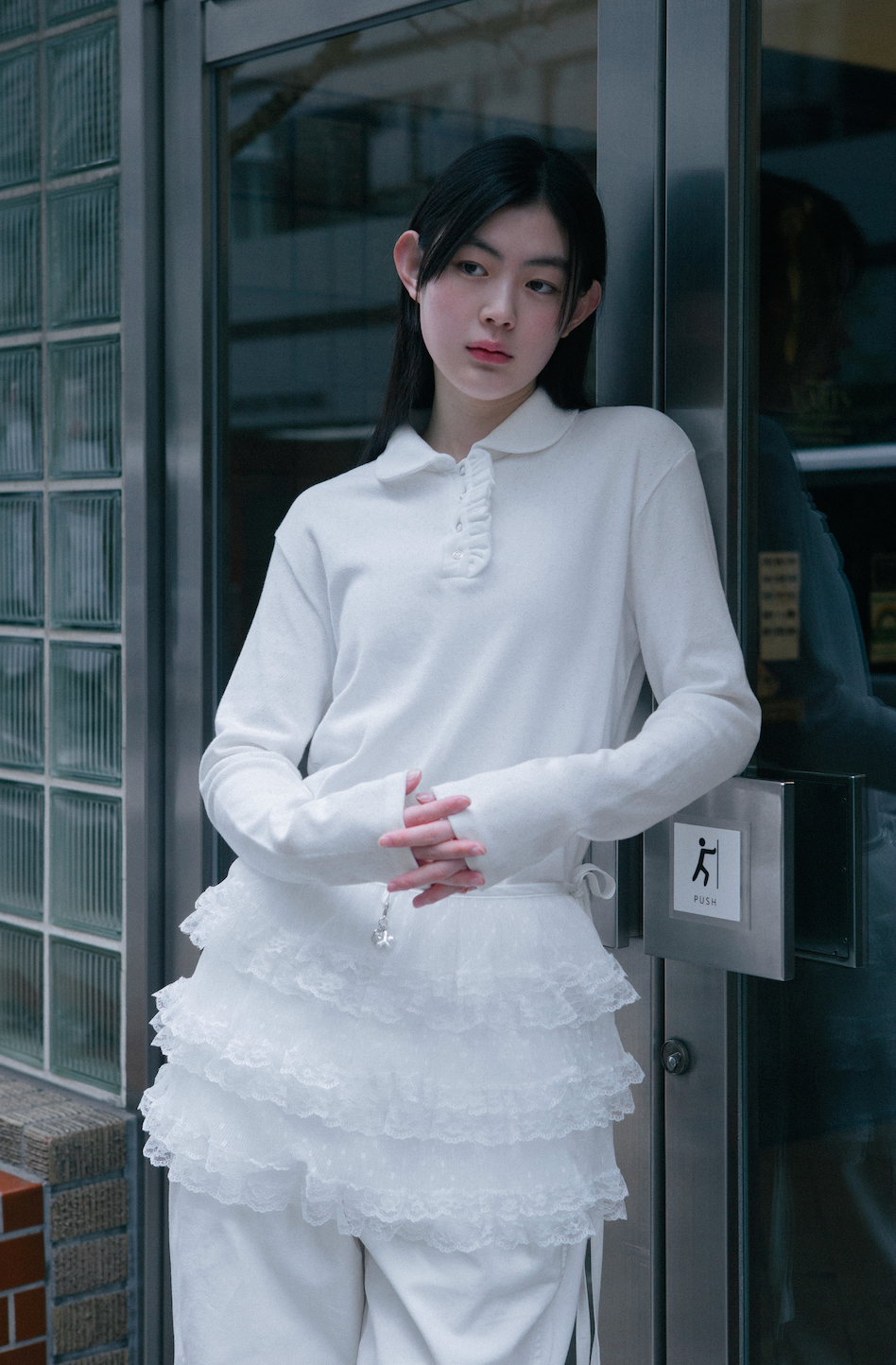 ROUND COLLAR FRILL LONG T-SHIRT_WHITE