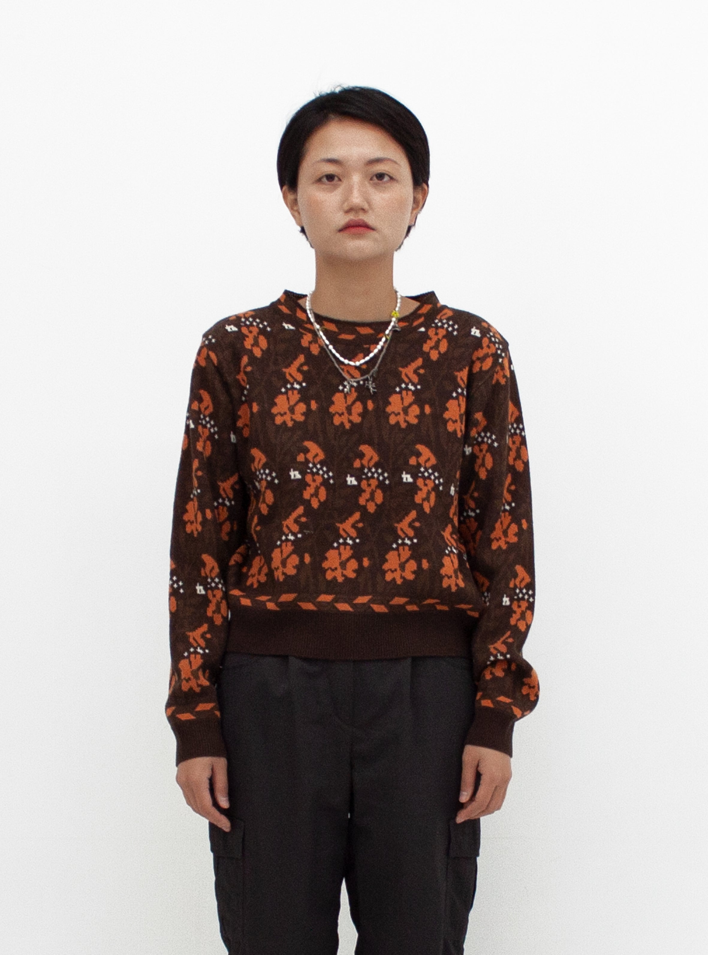 FLOWER PATTERNED JACQUARD KNIT_MARRON