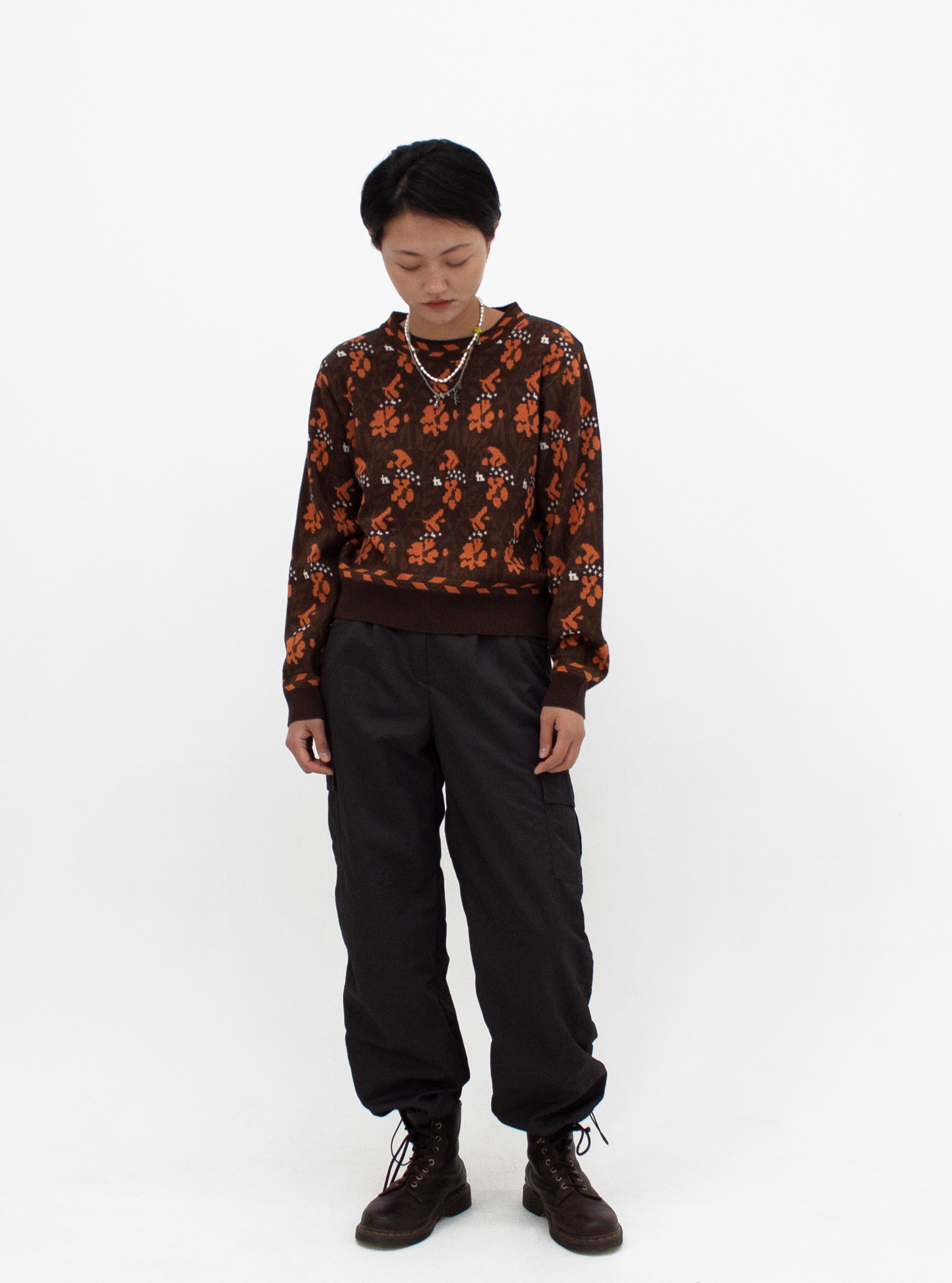 FLOWER PATTERNED JACQUARD KNIT_MARRON