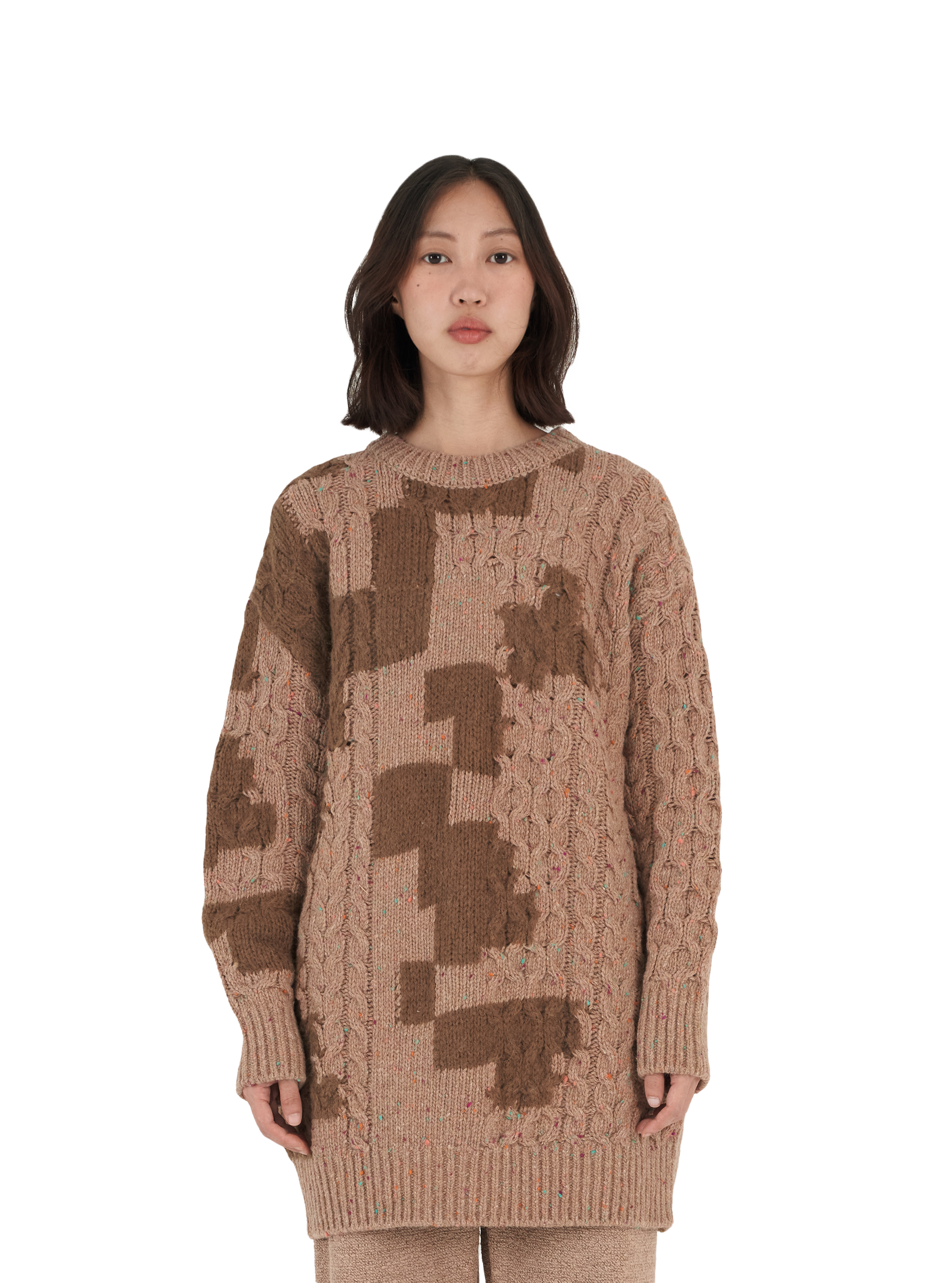 GLITCHED WOOL CABLE KNIT PULLOVER_BEIGE