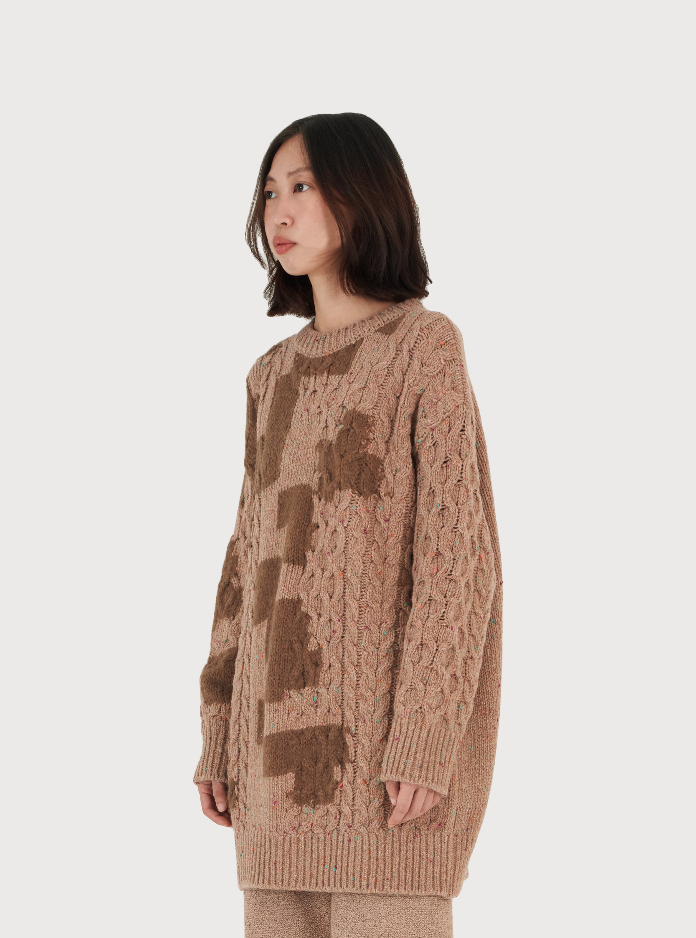 GLITCHED WOOL CABLE KNIT PULLOVER_BEIGE