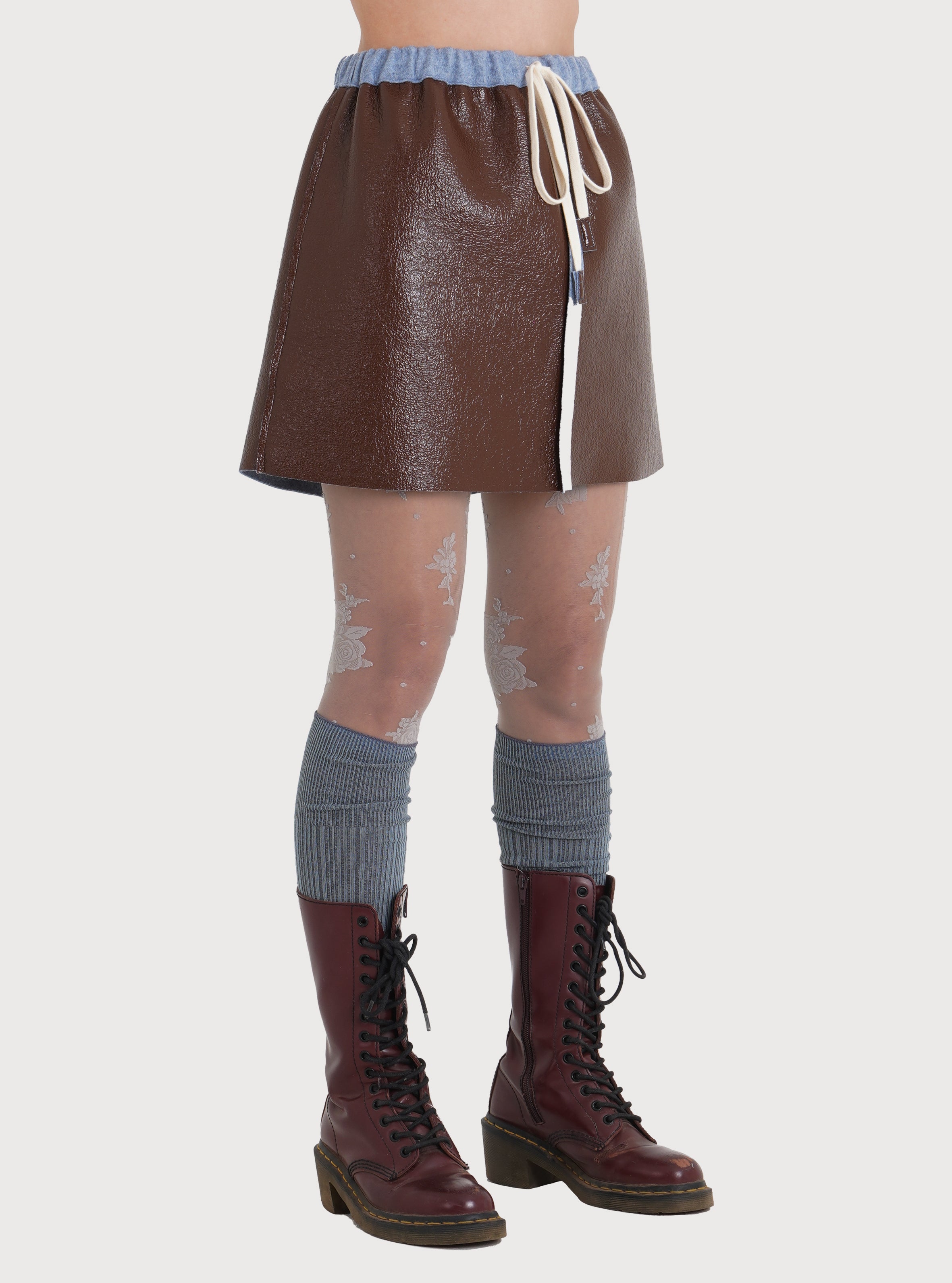 WOOL BONDING PATENT LEATHER MINI SKIRT_ROUGE VIN