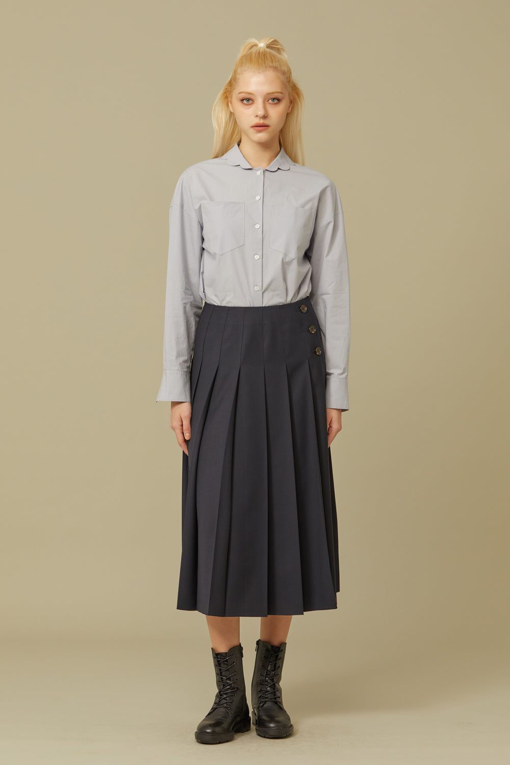 PLEATS BUTTON MIDI SKIRT_NAVY