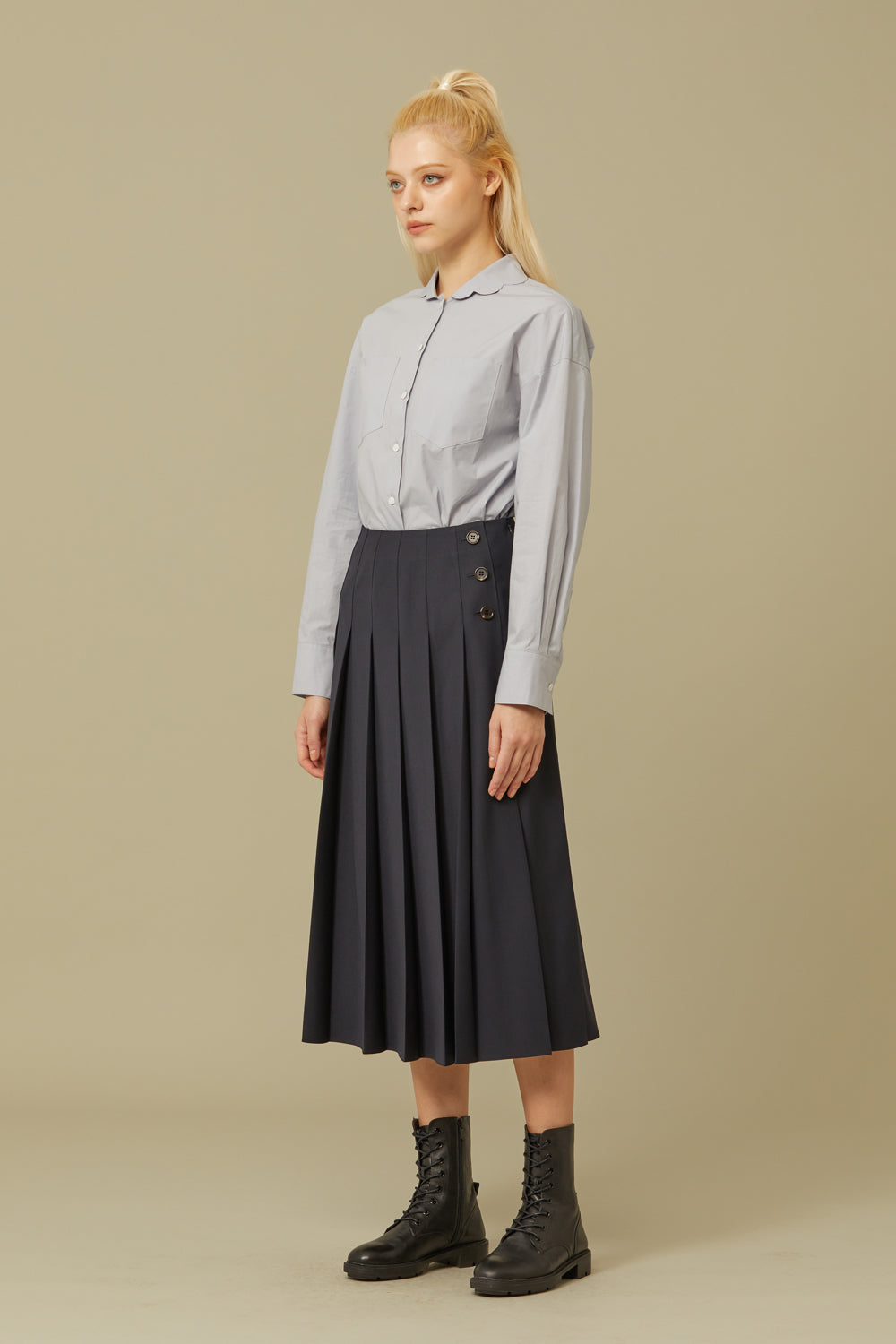 PLEATS BUTTON MIDI SKIRT_NAVY