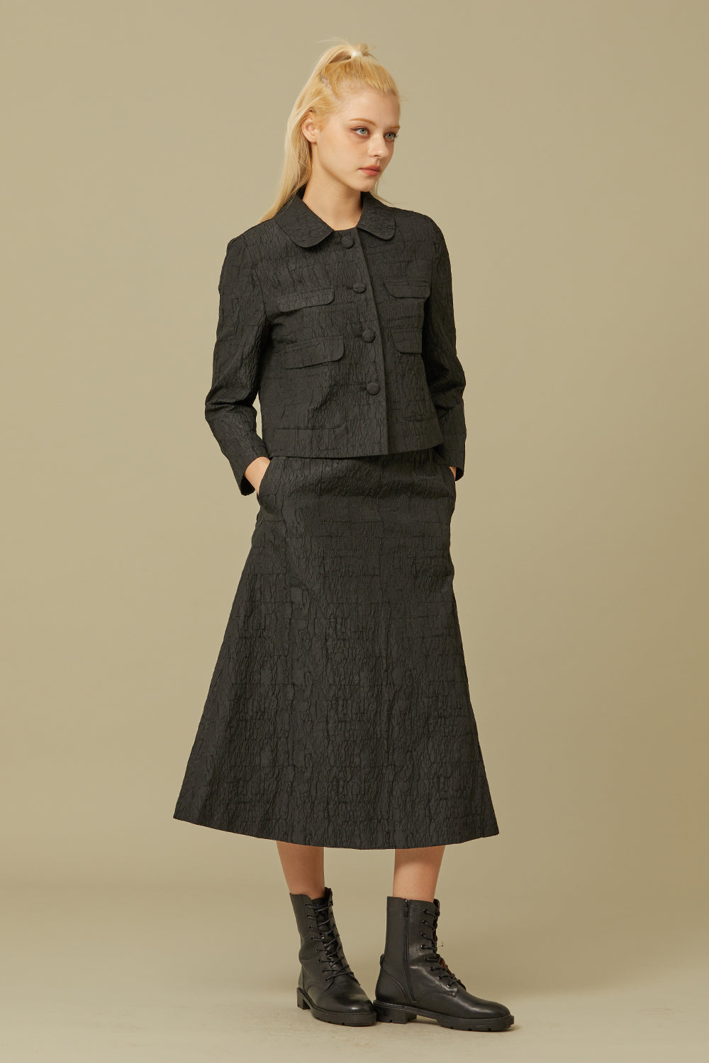 JACQUARD A-LINE SKIRT_BLACK