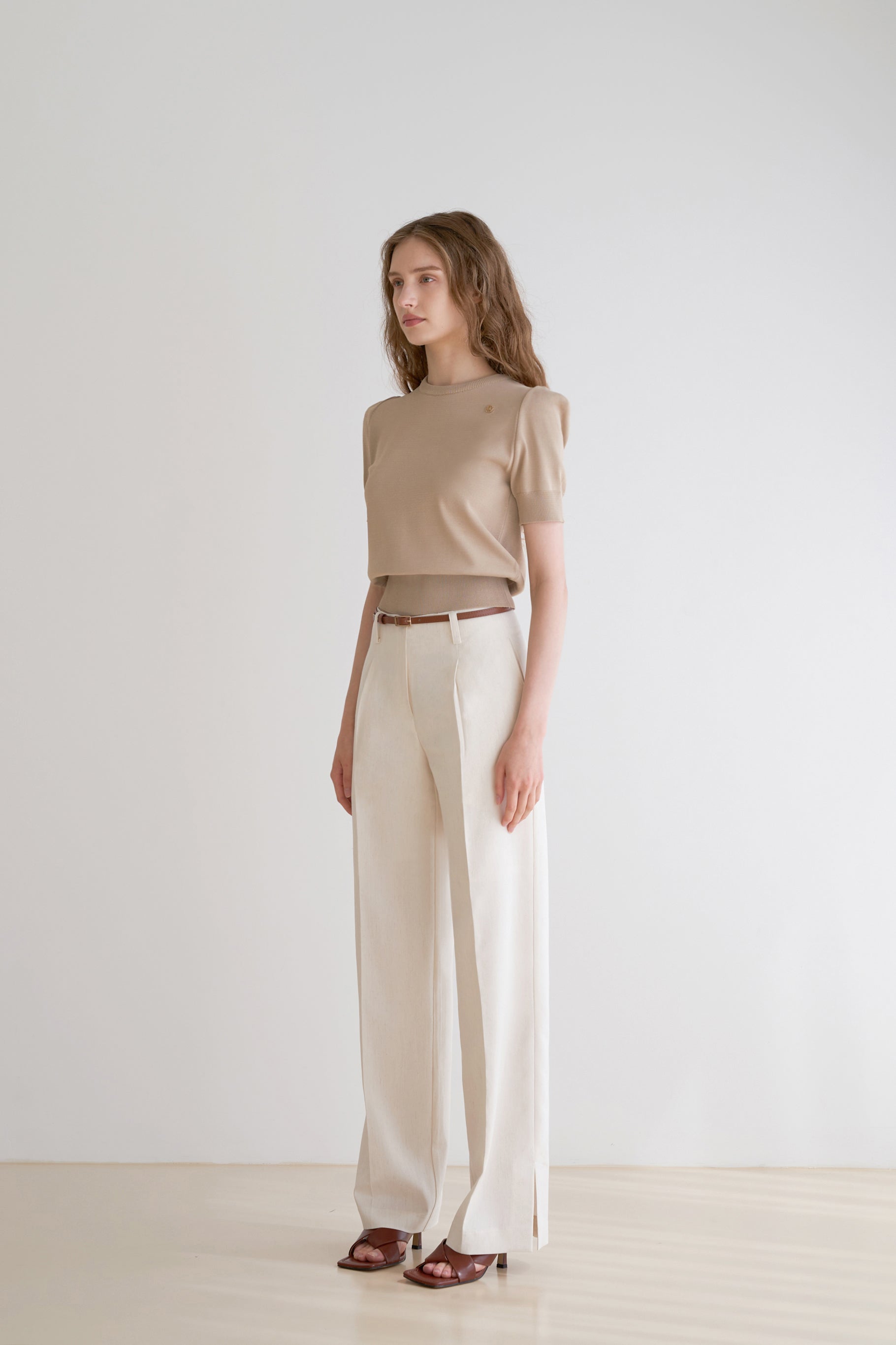 WIDE ONE BUTTON SLIT PANTS_IVORY