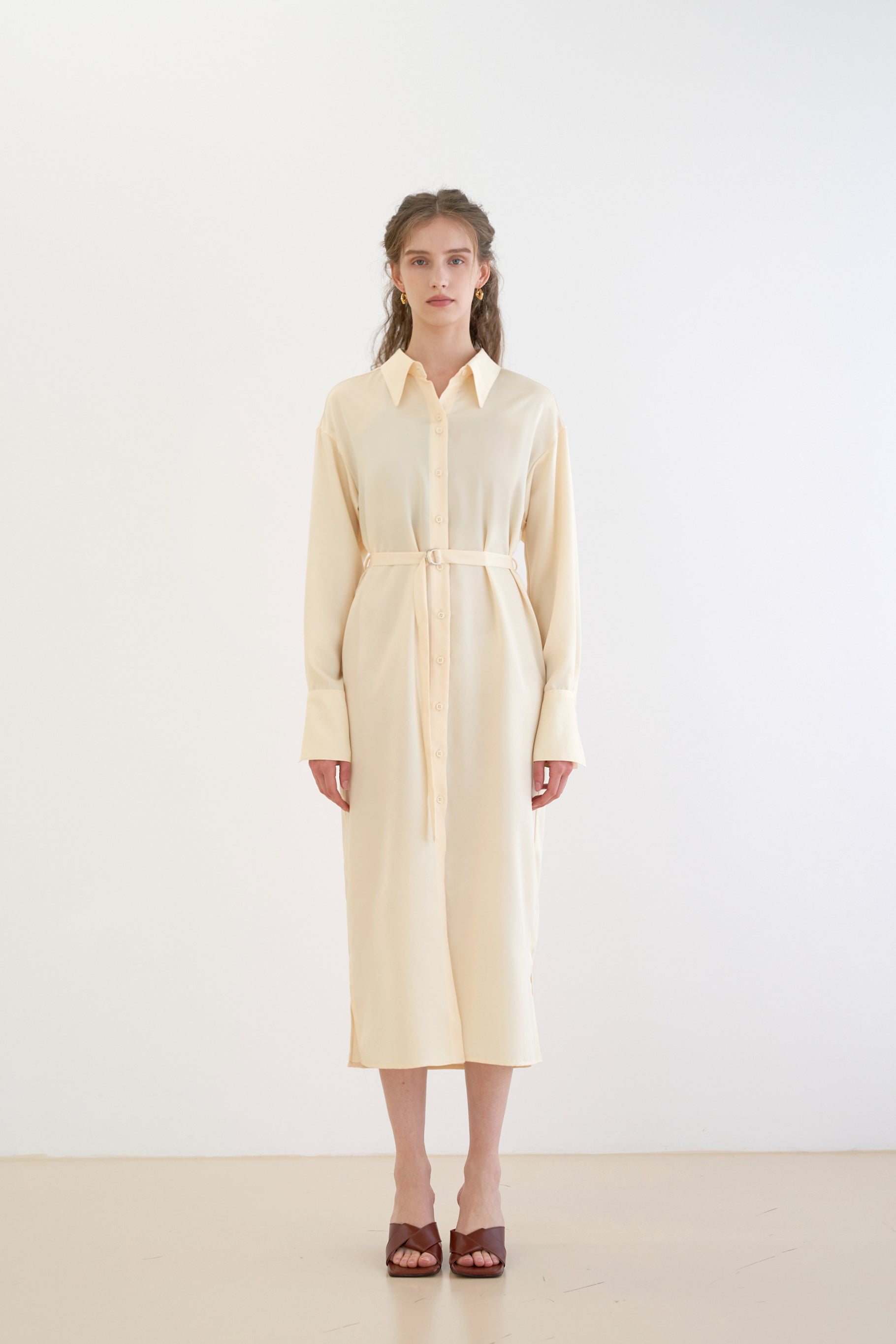 TWO-BUTTON SILKY LONG SHIRT DRESS_YELLOW