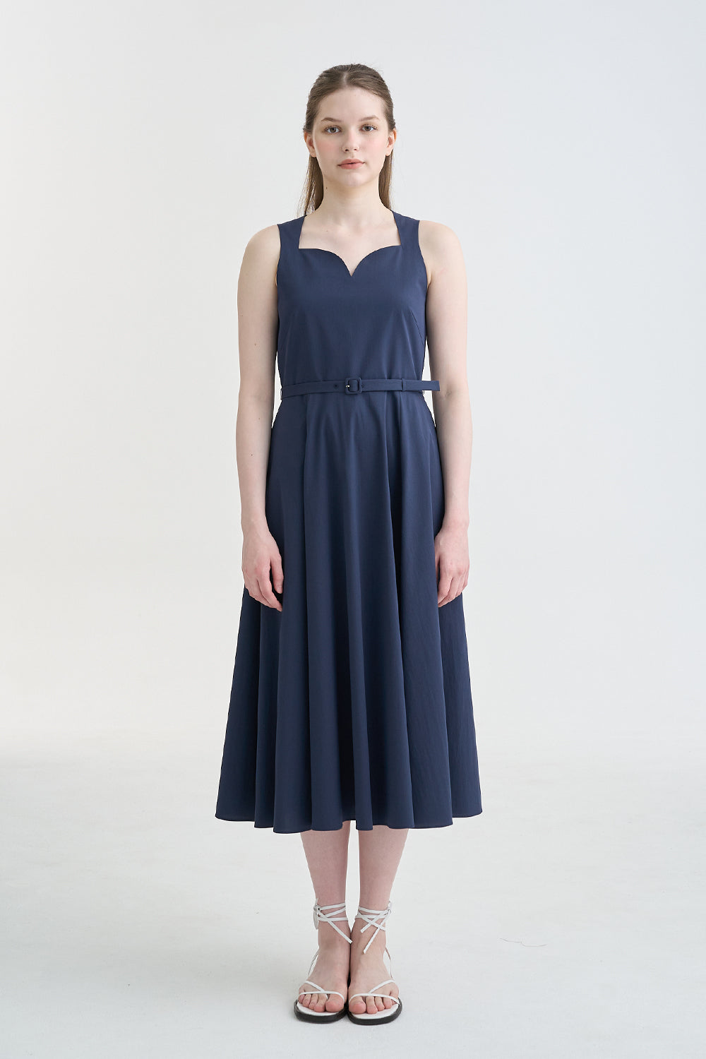 LESAVOIR, ROBE MIDI ÉVASÉE AVEC COL EN FORME COEUR_BLEU MARINE