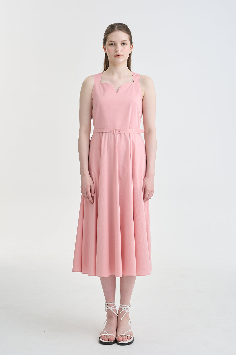 LESAVOIR, ROBE MIDI ÉVASÉE AVEC COL EN FORME COEUR_ROSE