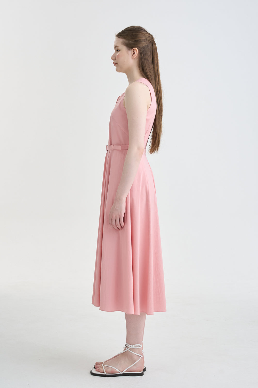 LESAVOIR, ROBE MIDI ÉVASÉE AVEC COL EN FORME COEUR_ROSE