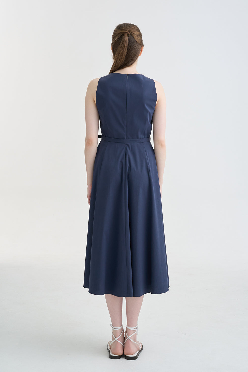 LESAVOIR, ROBE MIDI ÉVASÉE AVEC COL EN FORME COEUR_BLEU MARINE