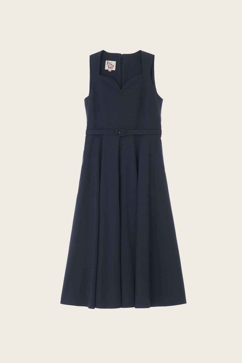 LESAVOIR, ROBE MIDI ÉVASÉE AVEC COL EN FORME COEUR_BLEU MARINE