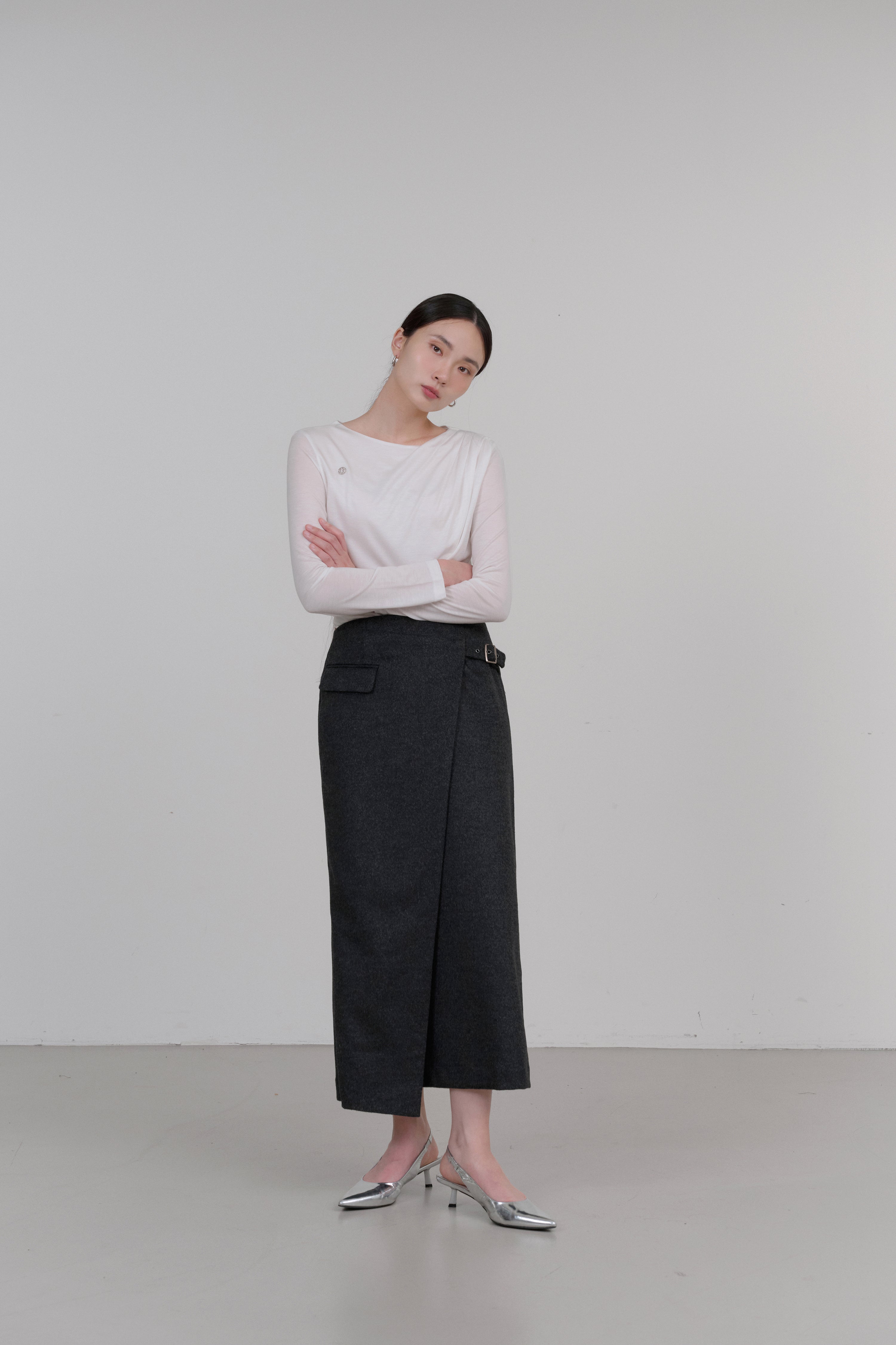 UNBAL BELT WOOL SKIRT_CHARCOAL