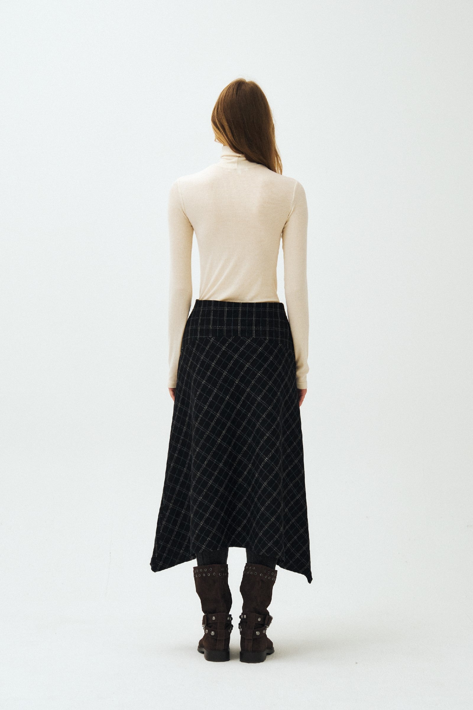 CHECK ASYMMETRICAL FLARED SKIRT_BLACK
