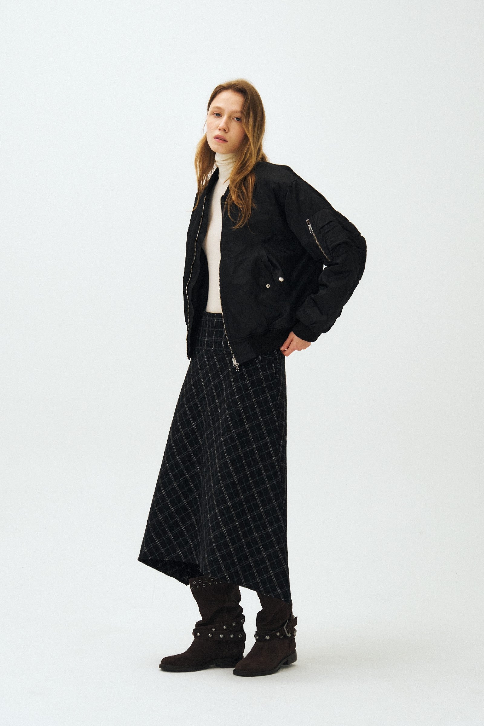 CHECK ASYMMETRICAL FLARED SKIRT_BLACK