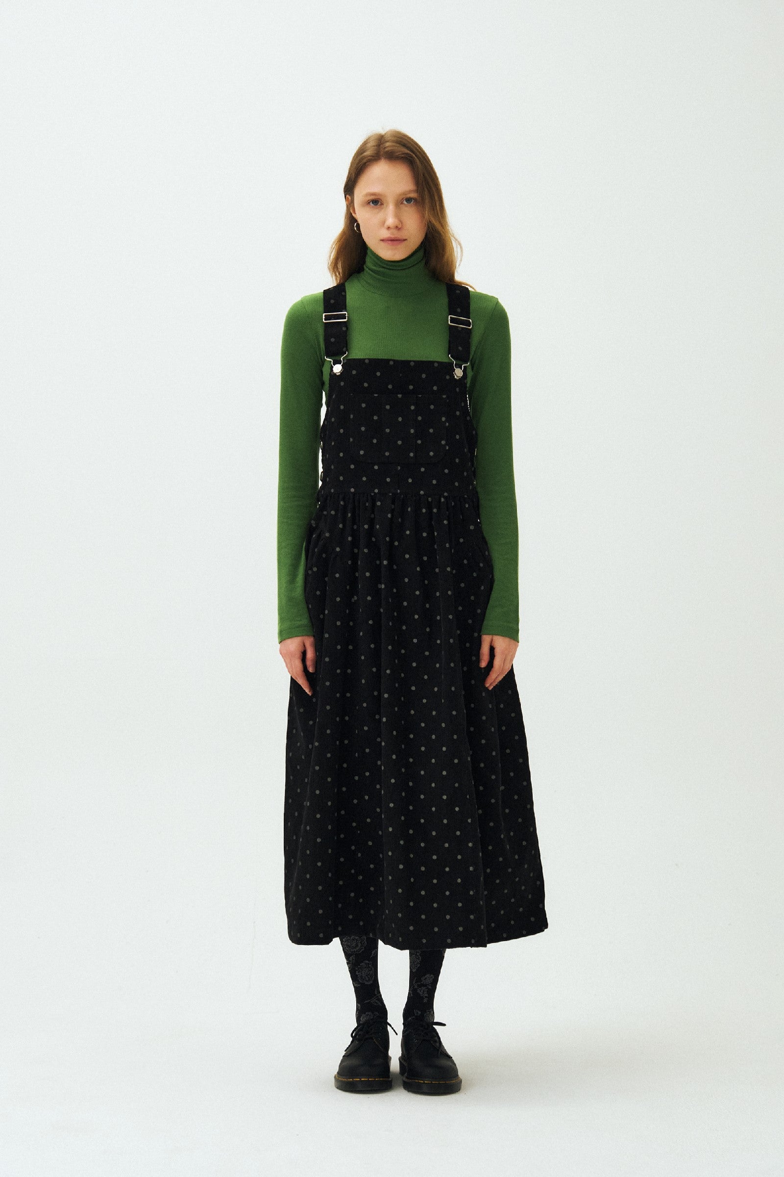 DOT PUFF CORDUROY OVERALL DRESS_BLACK