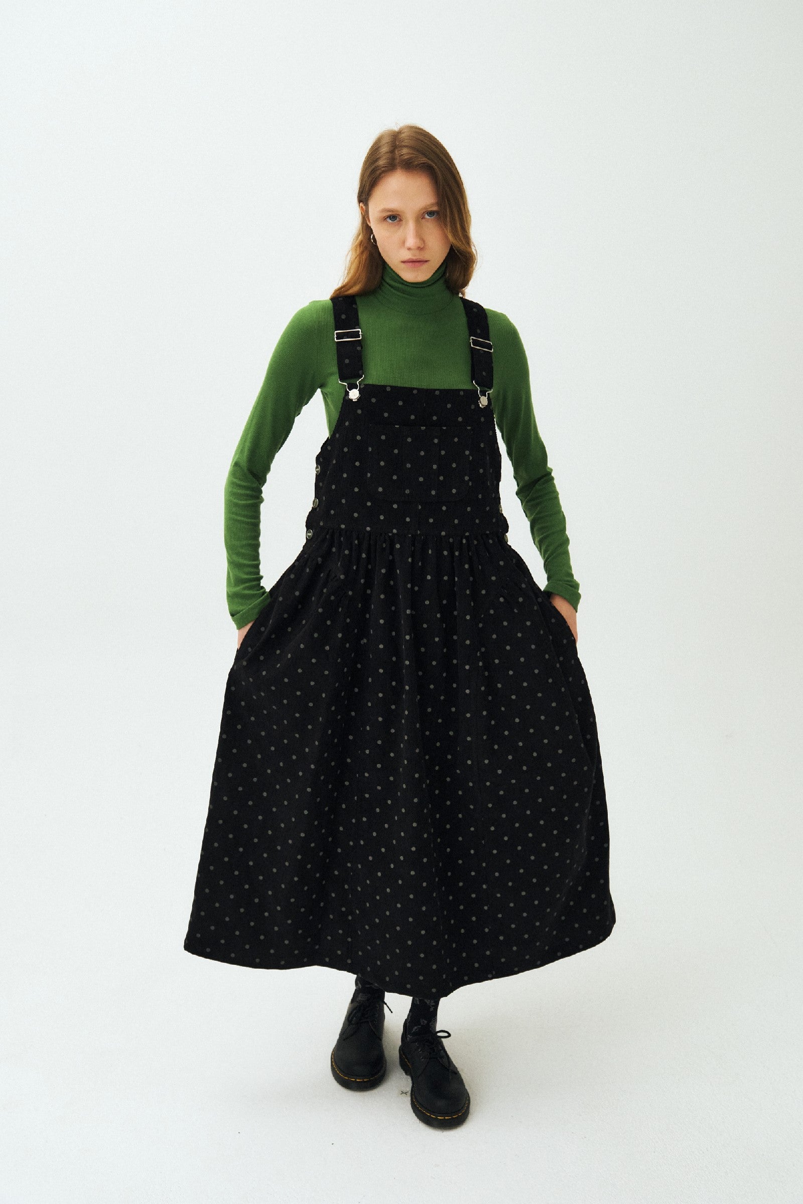 DOT PUFF CORDUROY OVERALL DRESS_BLACK