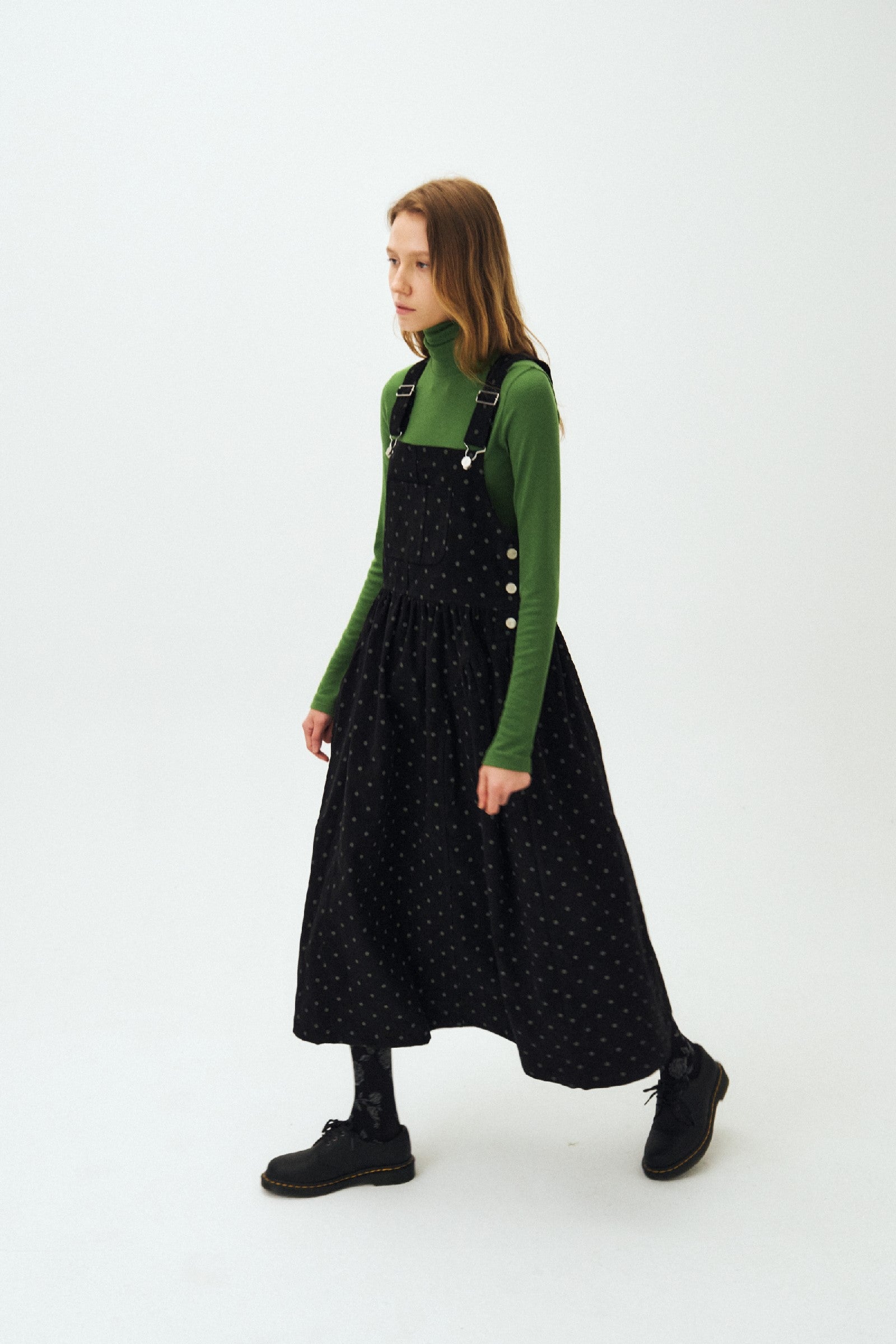 DOT PUFF CORDUROY OVERALL DRESS_BLACK