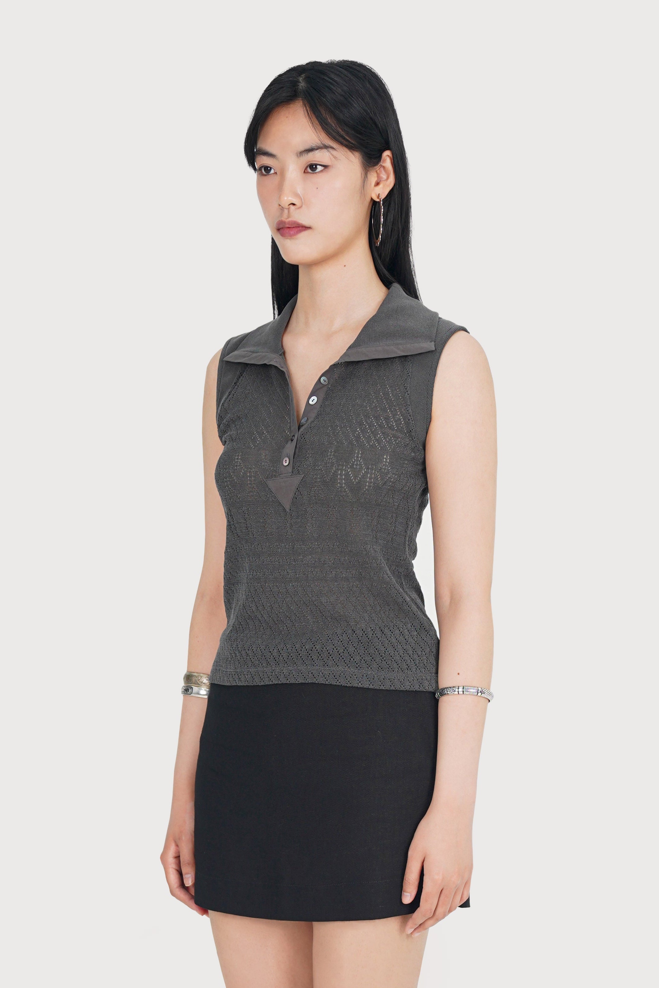 EYELET COTTON JERSEY POLO TOP_CHARCOAL
