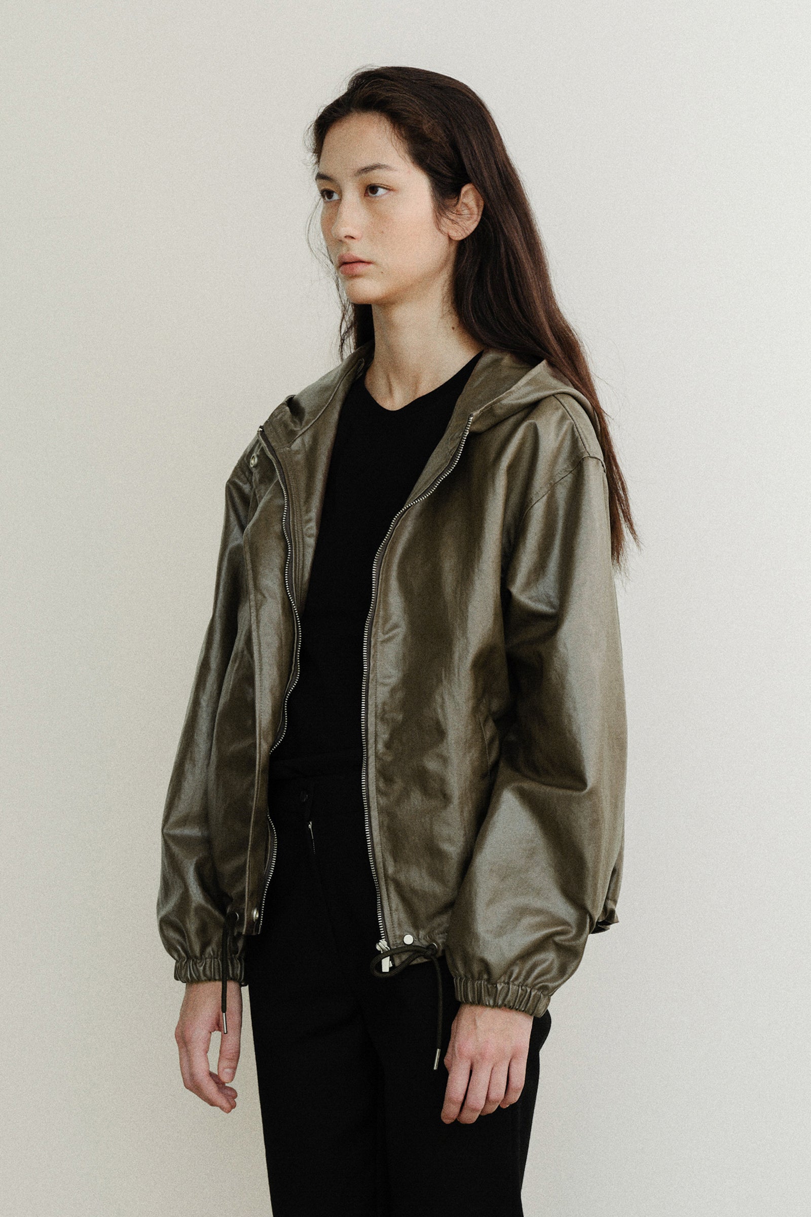 VESTE EN CUIR À CAPUCHE MORGAN_KAKI