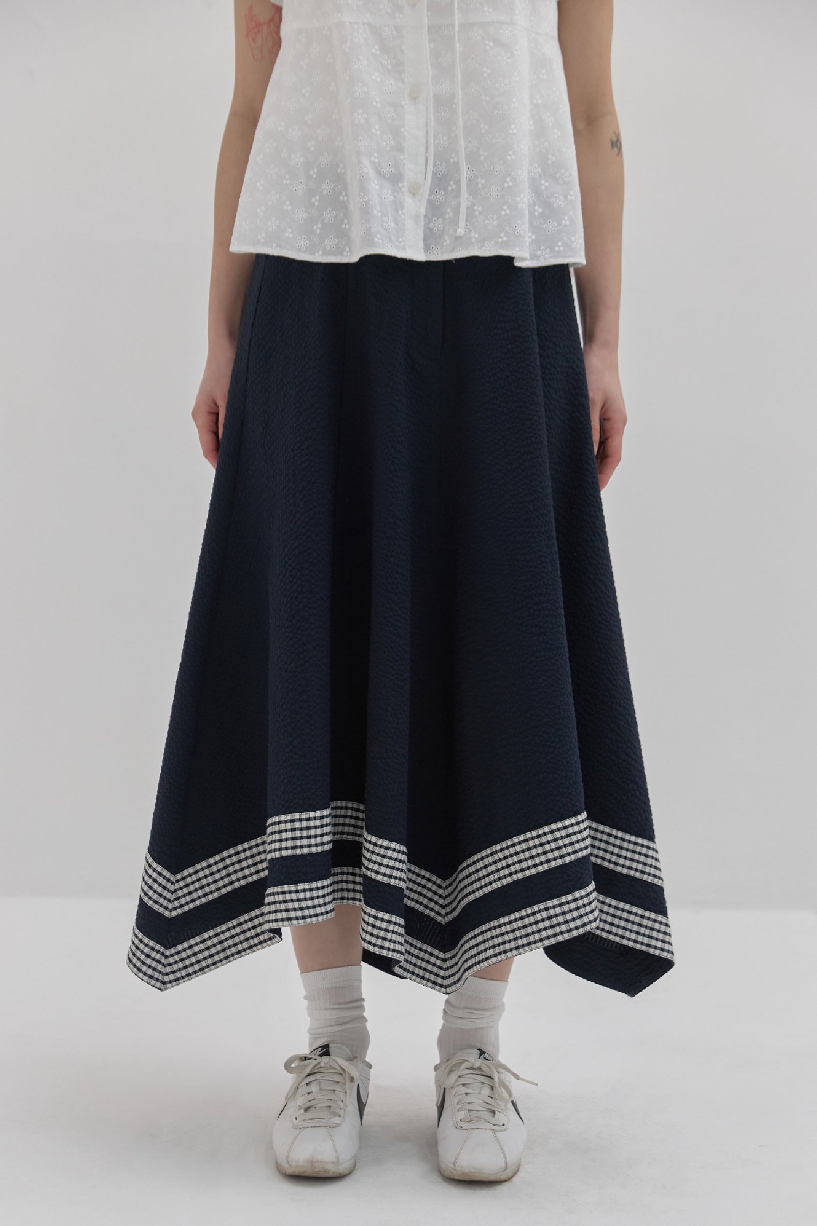 SEERSUCKER FLARED MAXI SKIRT_BLEU MARINE