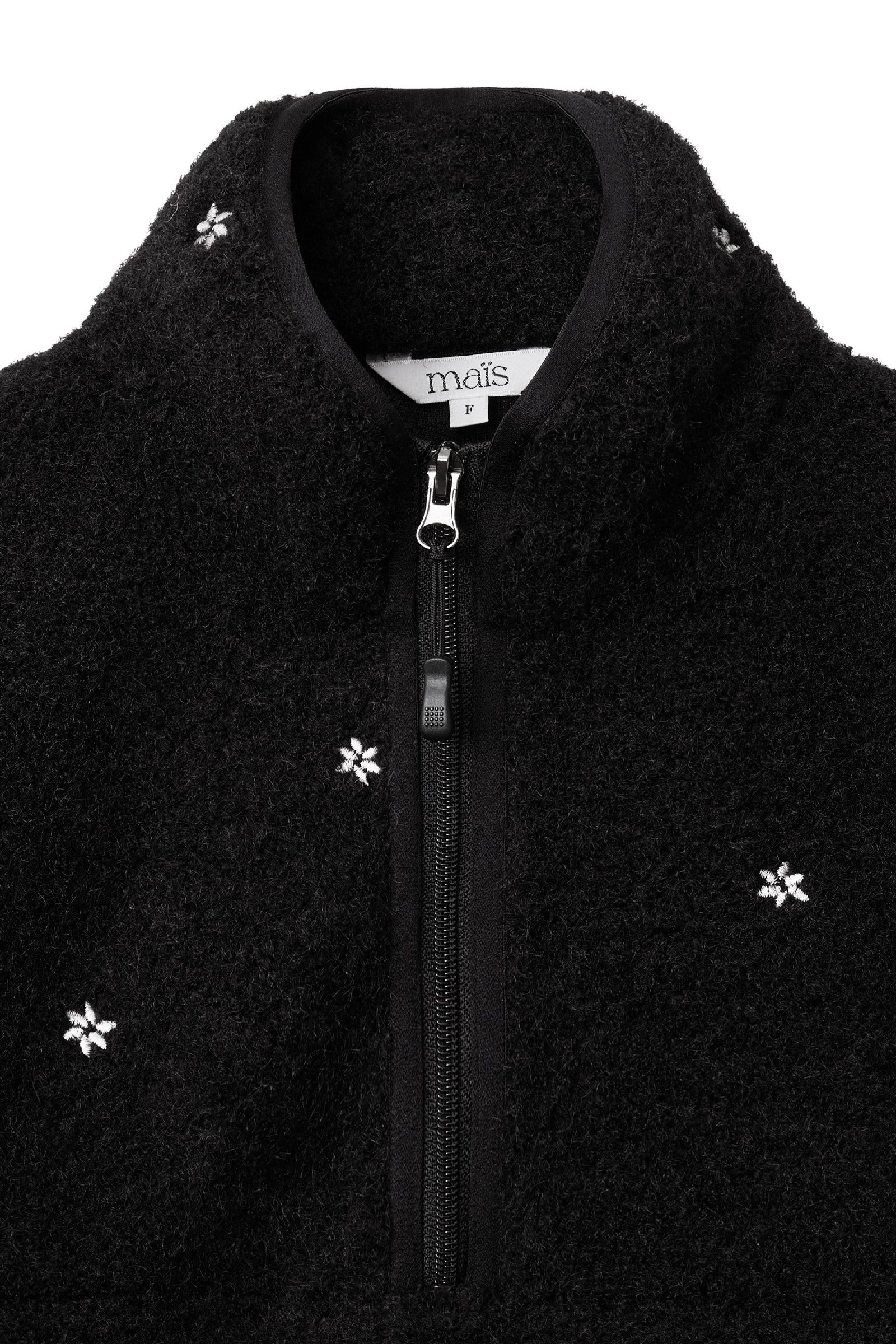FLORAL EMBROIDERED HALF ZIP-UP FLEECE JACKET_BLACK