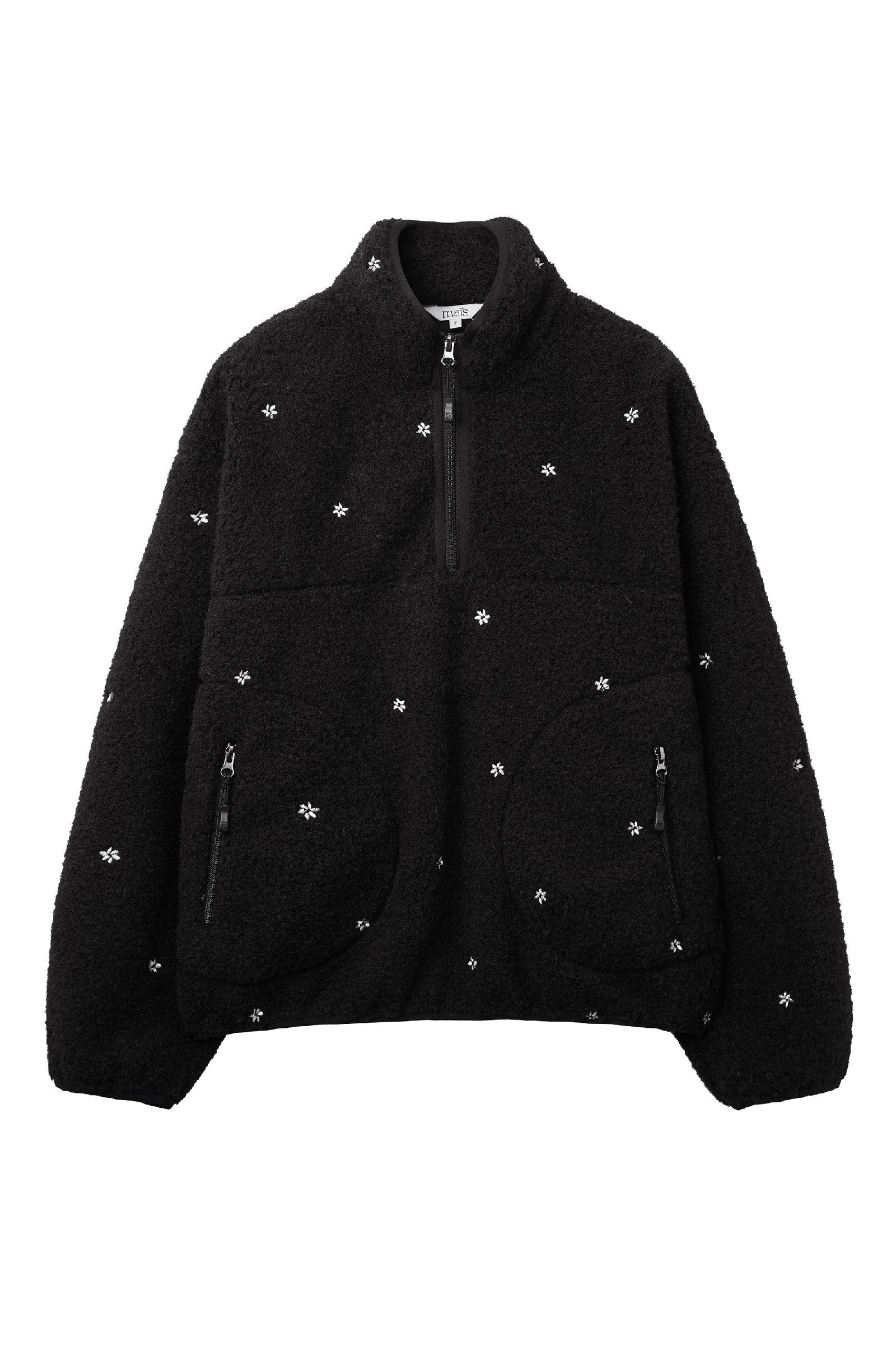 FLORAL EMBROIDERED HALF ZIP-UP FLEECE JACKET_BLACK