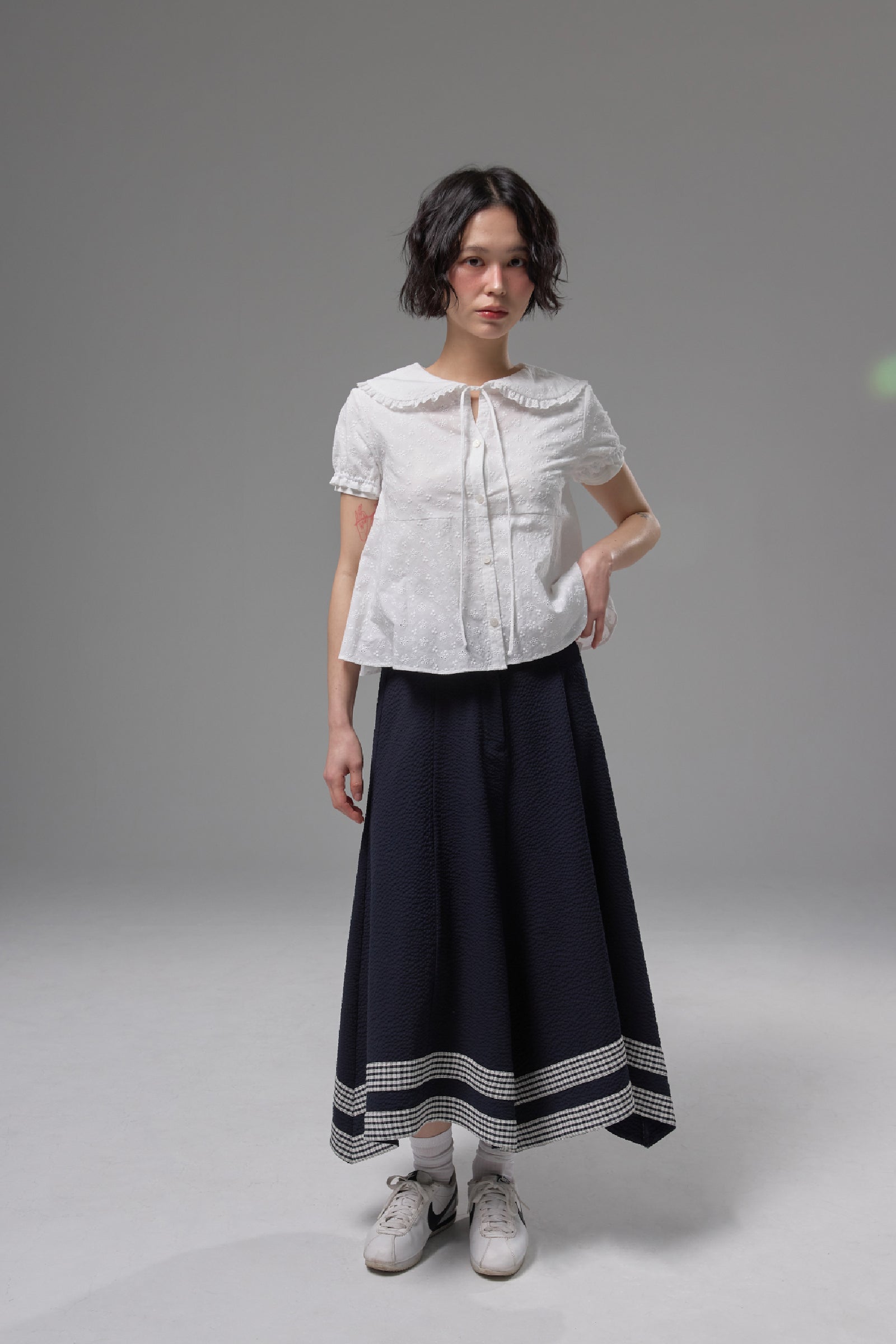 SEERSUCKER FLARED MAXI SKIRT_NAVY