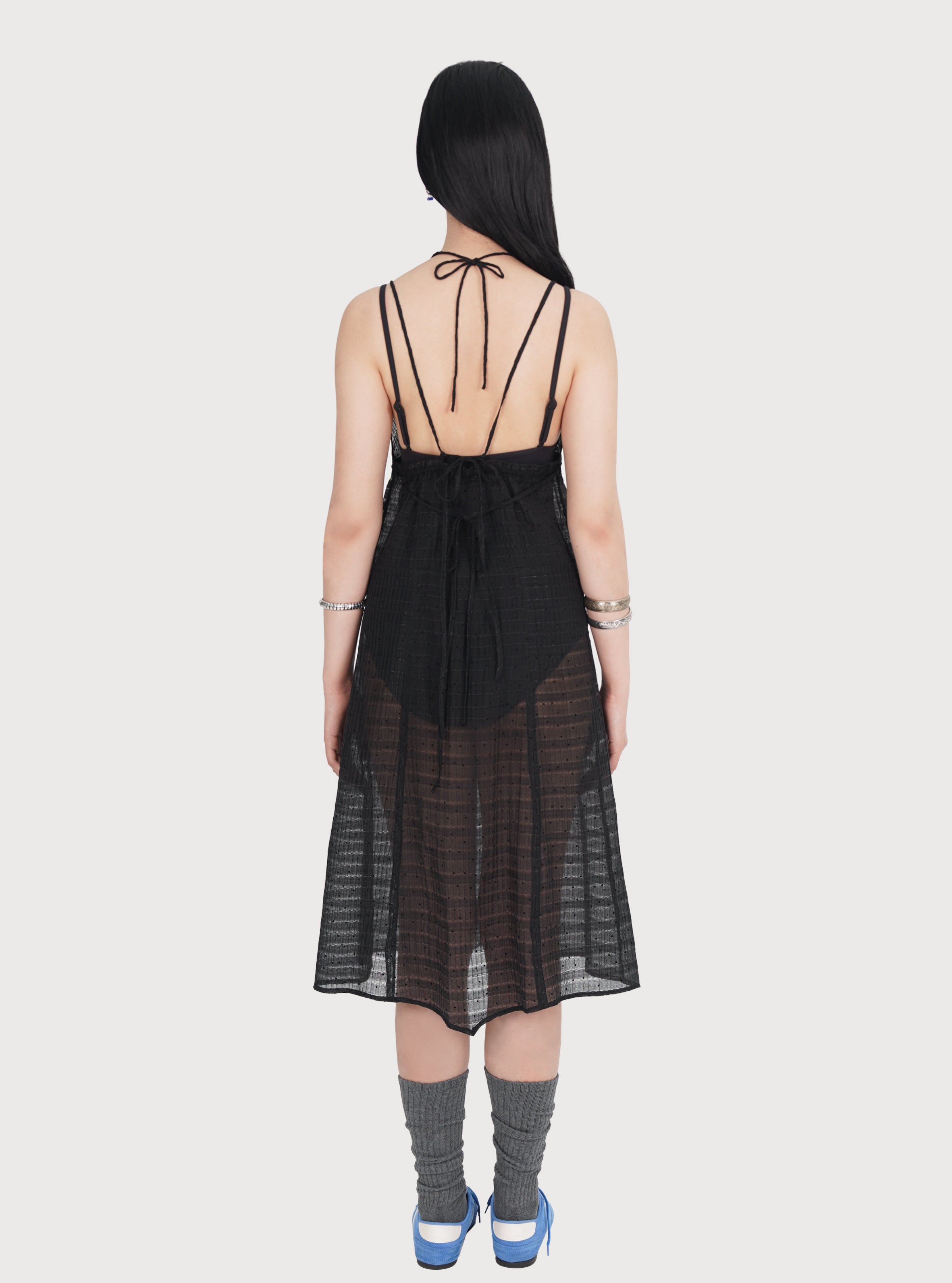 SHEER GRID DOTTED MIDI SLIP DRESS_BLACK
