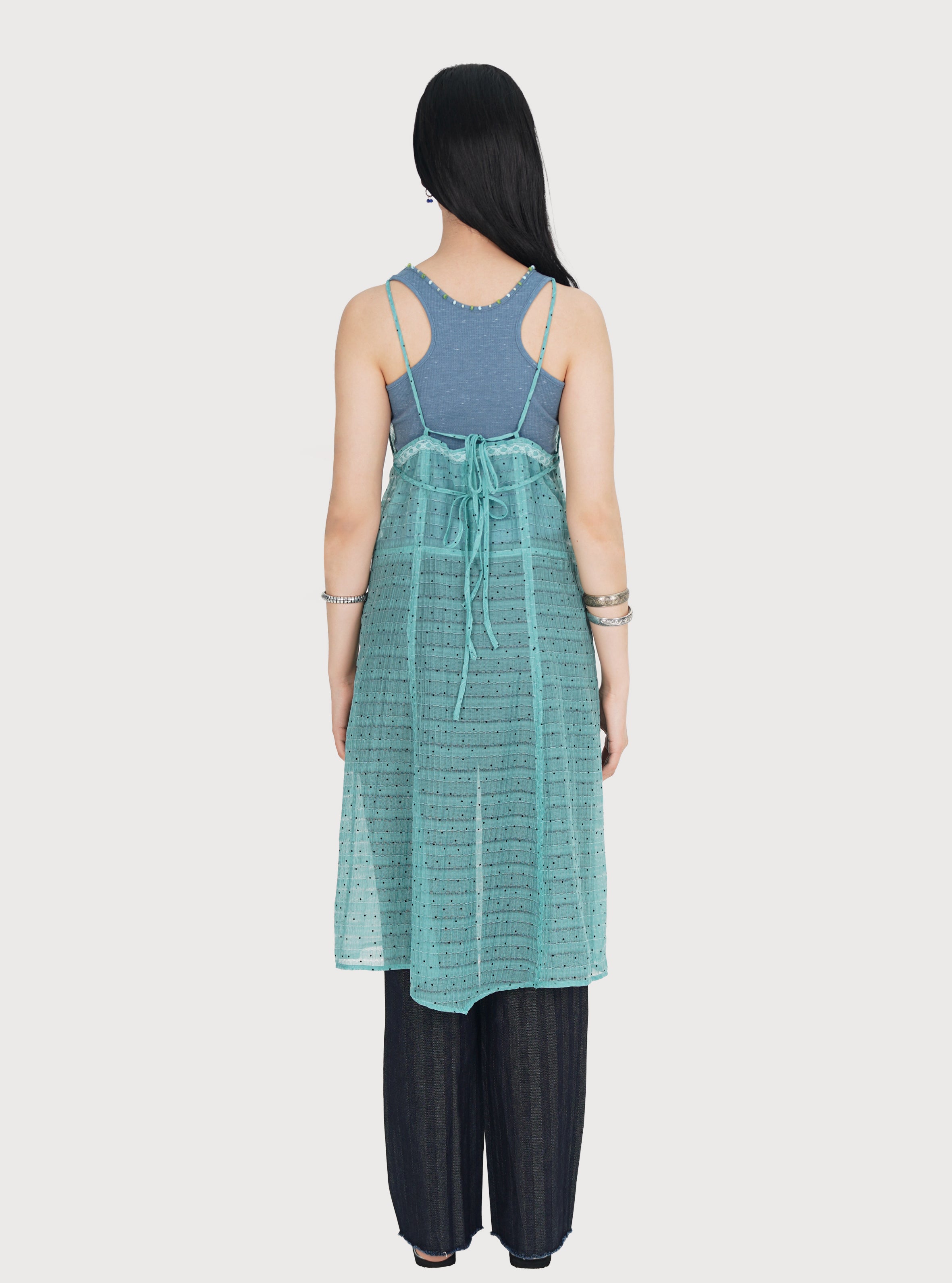 SHEER GRID DOTTED MIDI SLIP DRESS_TURQUOISE