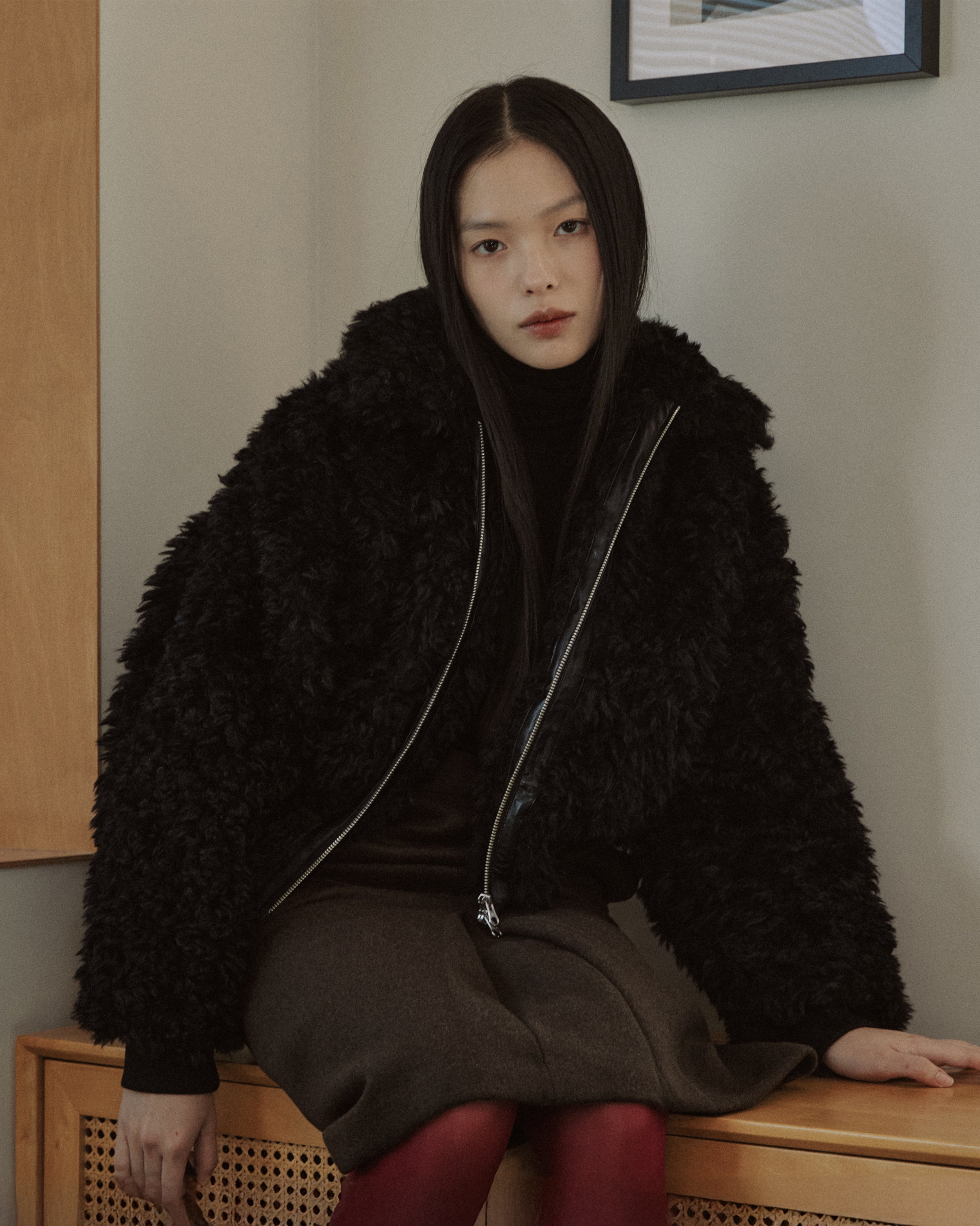 CROPPED ZIP-UP FUR JACKET_BLACK