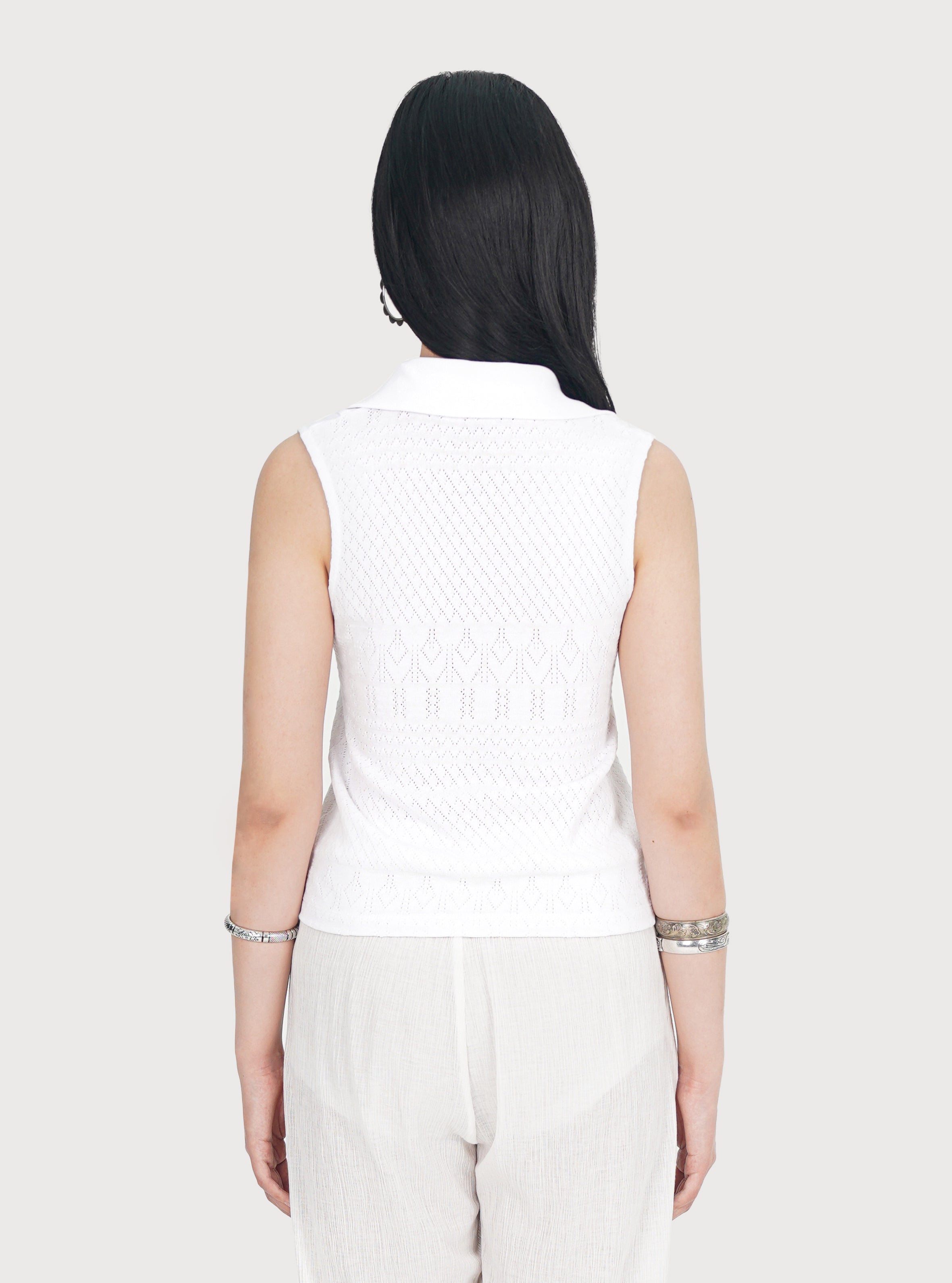 EYELET COTTON JERSEY POLO TOP_WHITE
