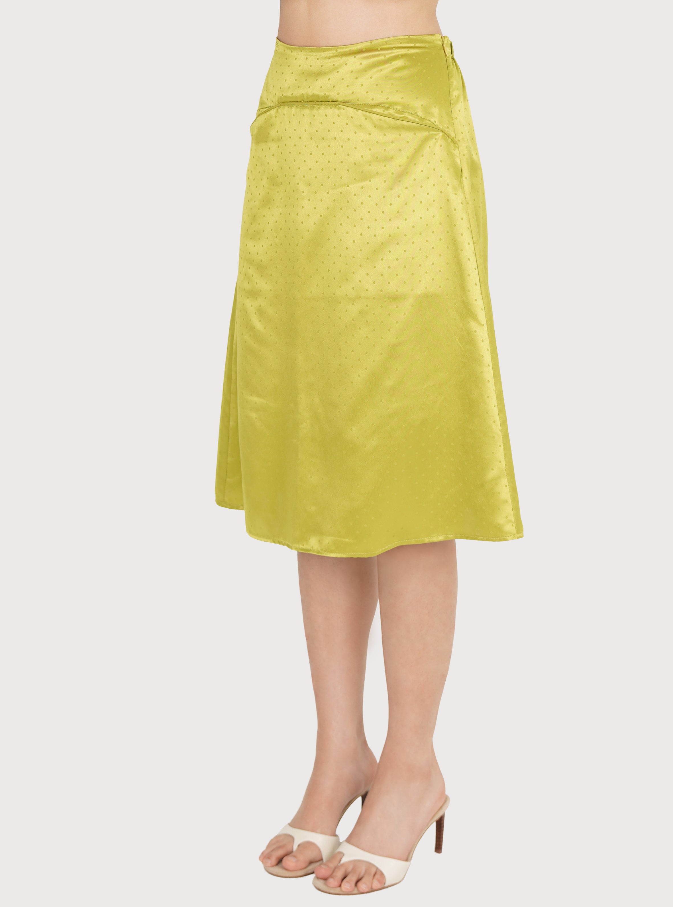 CURVED LINE DOTTED SATIN SKIRT_LIME