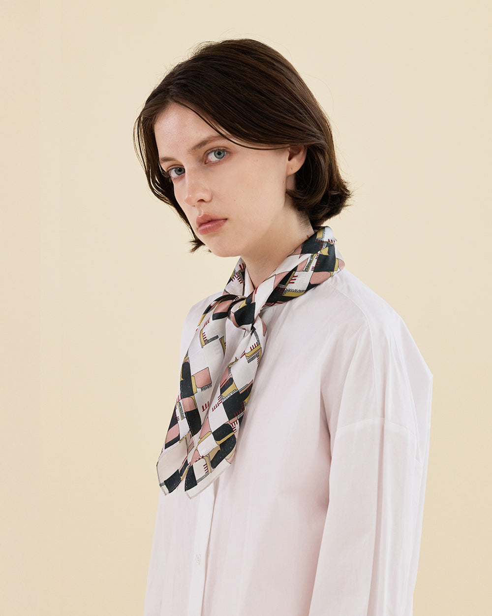 BLACK DOODLE GRID SILK SCARF_BLACK
