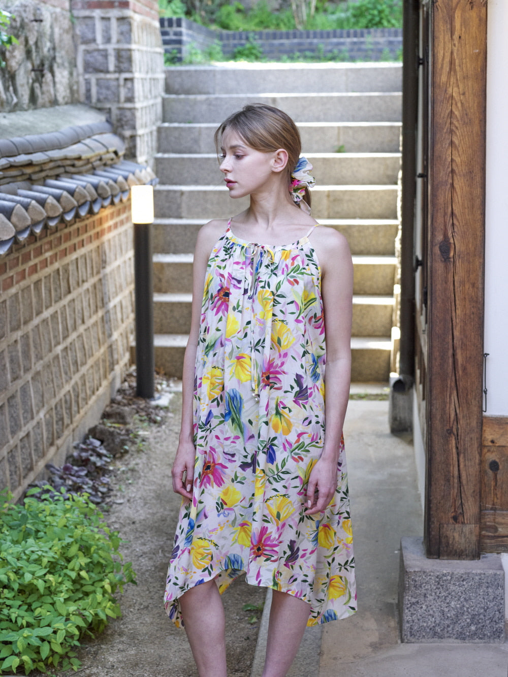 WATERCOLOR FLOWER SHIRRING DRESS