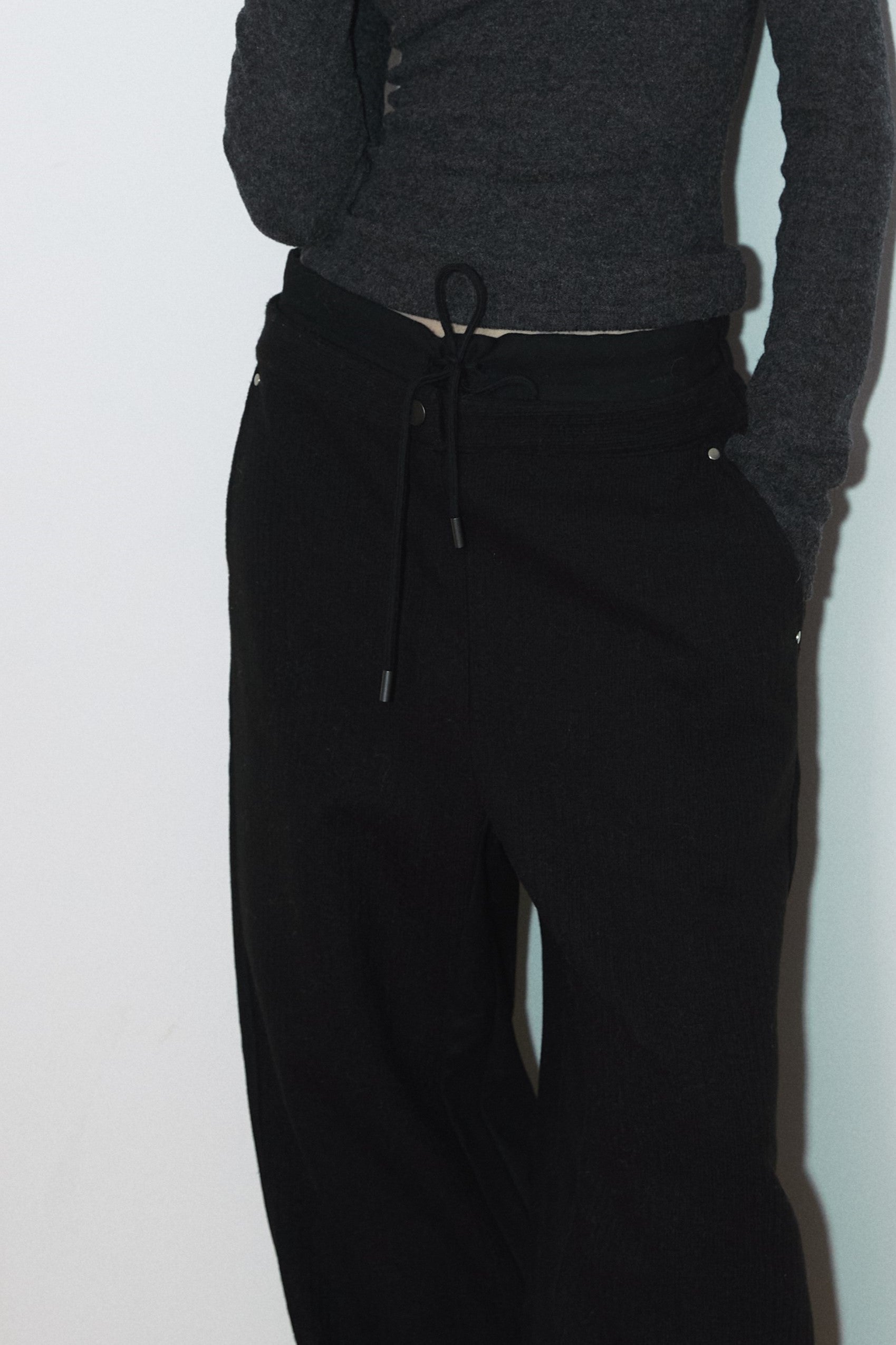 FABRIC MIX WOOL PANTS_BLACK