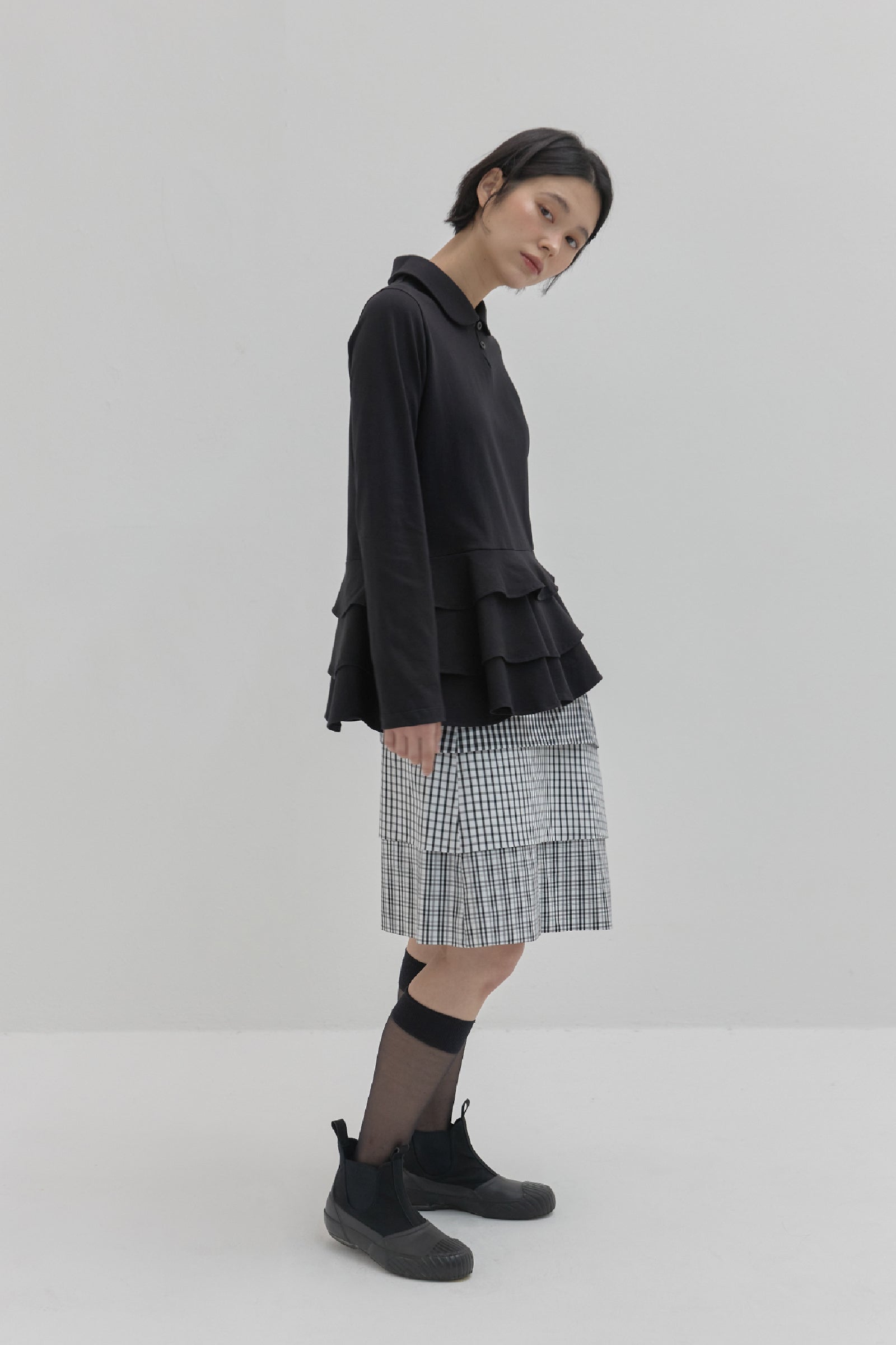 CHECK TIERED MIDI SKIRT_WHITE