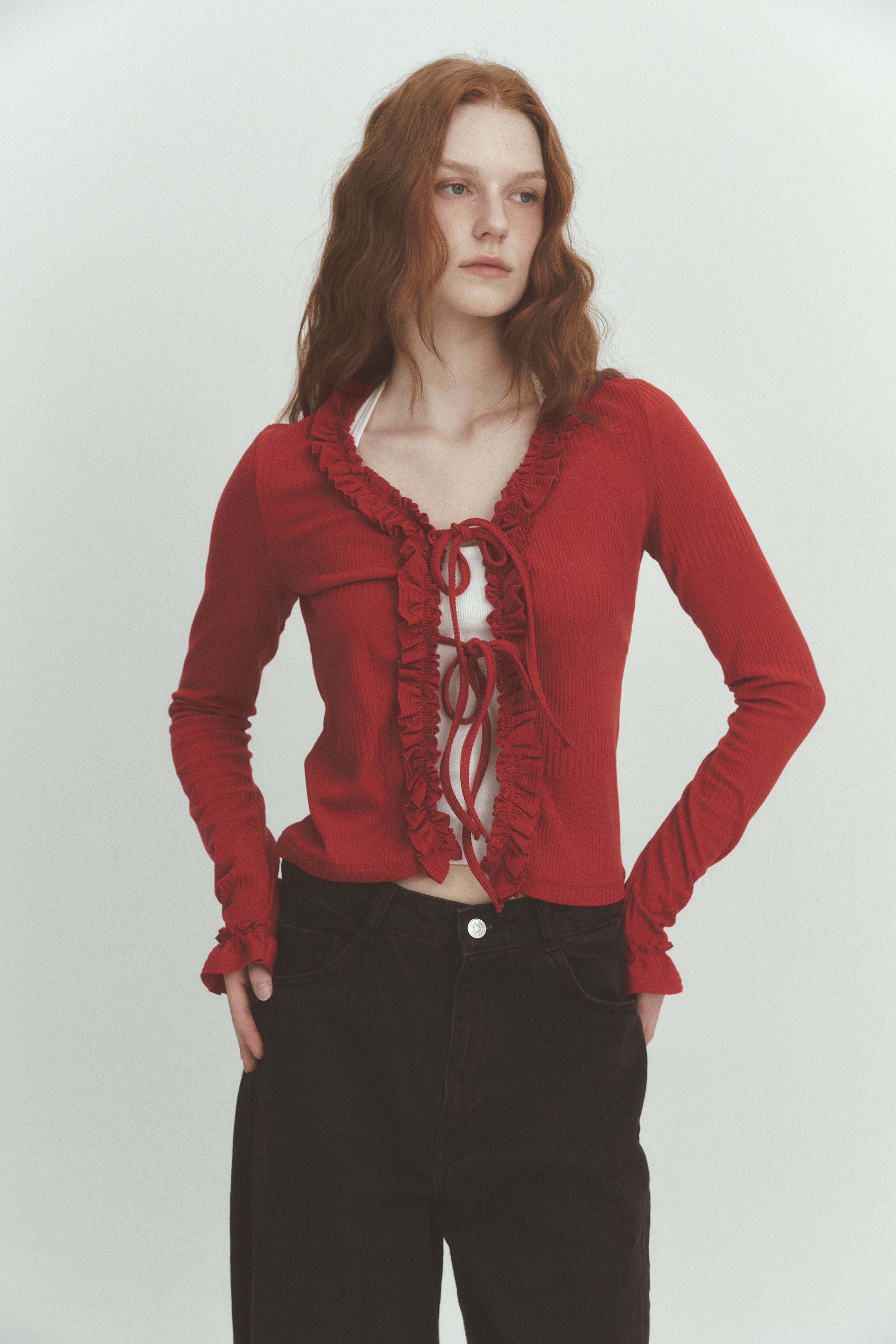 FRILL RIBBON CARDIGAN_ROUGE