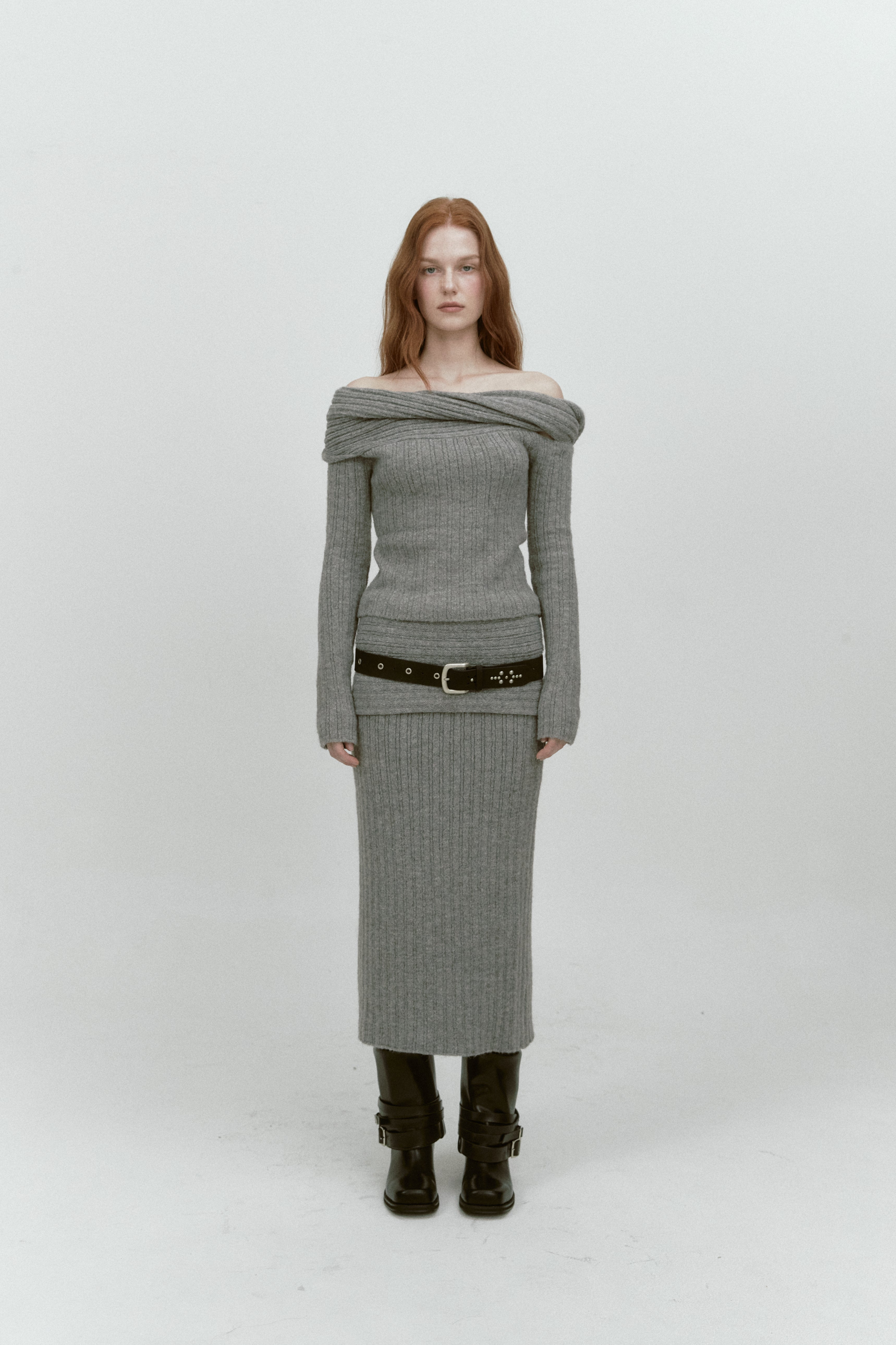 REVERSE FOLD KNIT SKIRT_GRIS