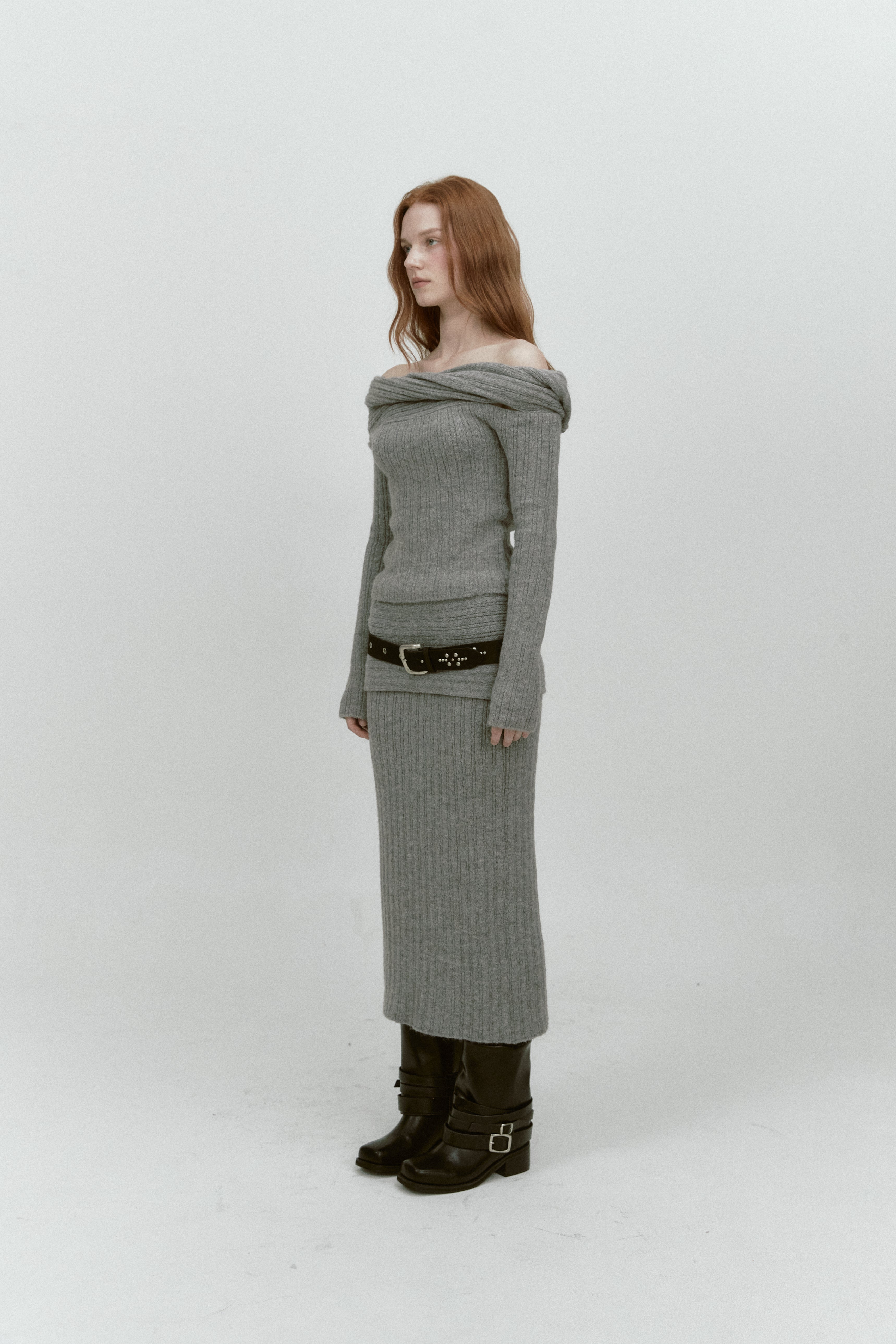 REVERSE FOLD KNIT SKIRT_GRIS