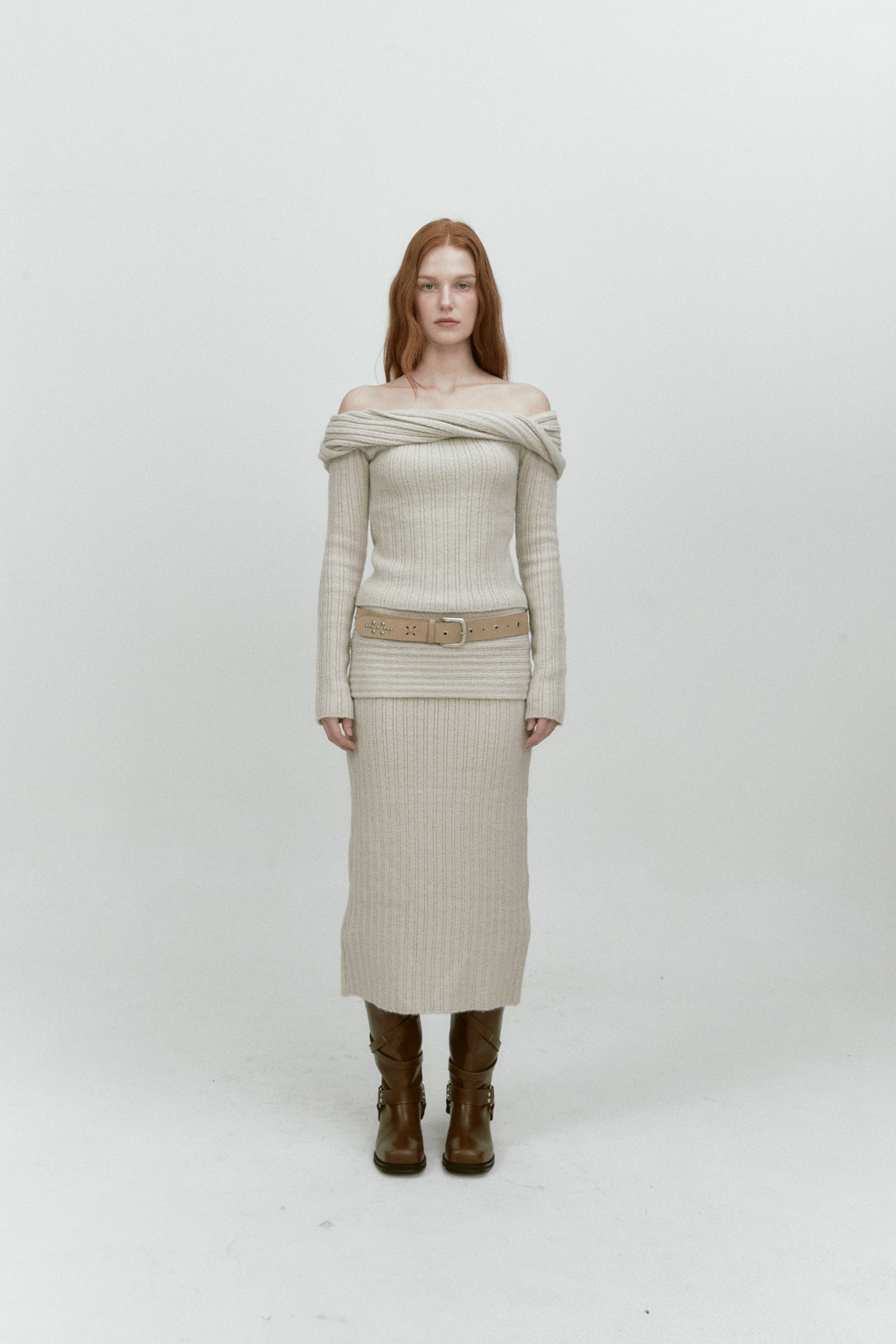 REVERSE FOLD KNIT SKIRT_BEIGE