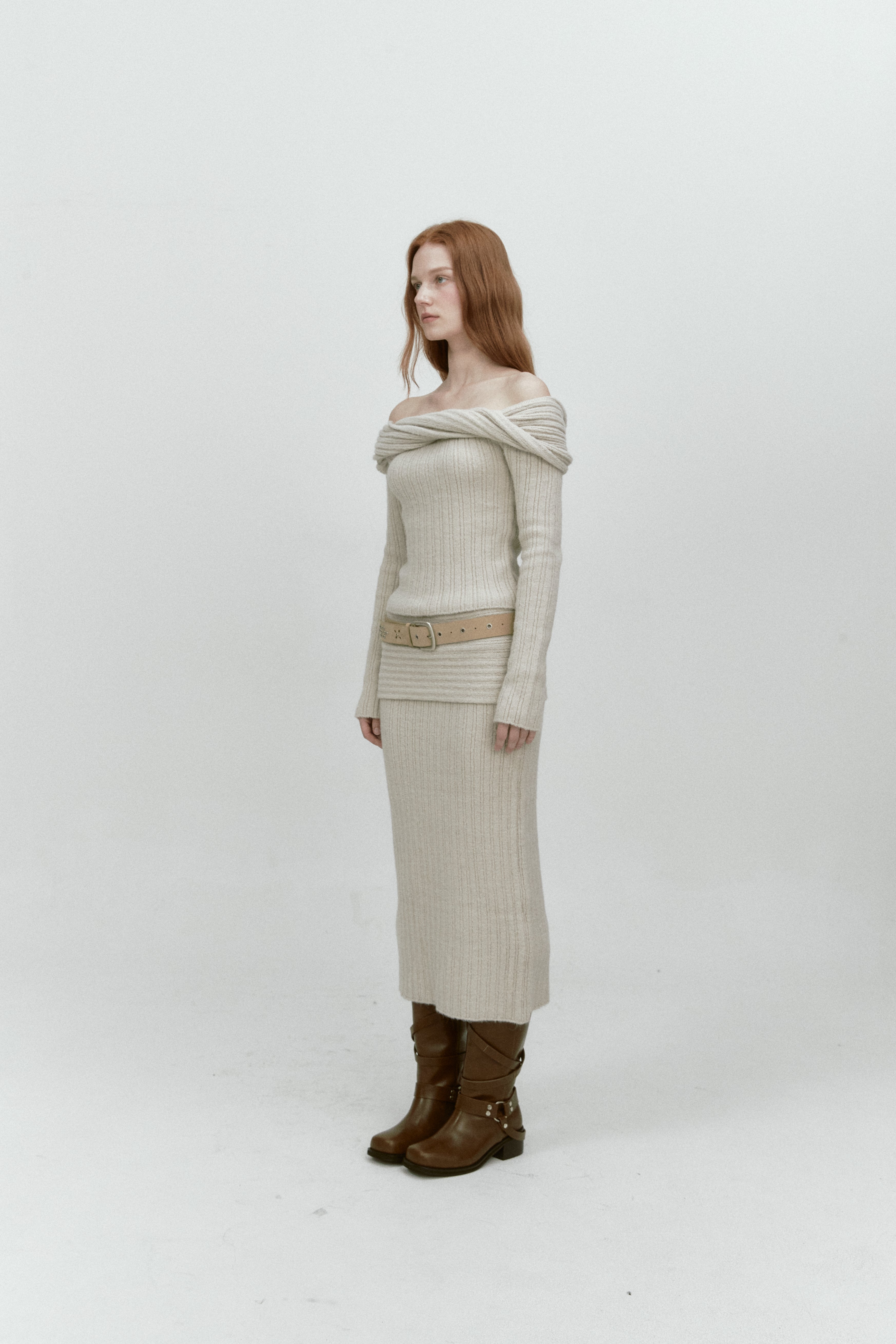 REVERSE FOLD KNIT SKIRT_BEIGE