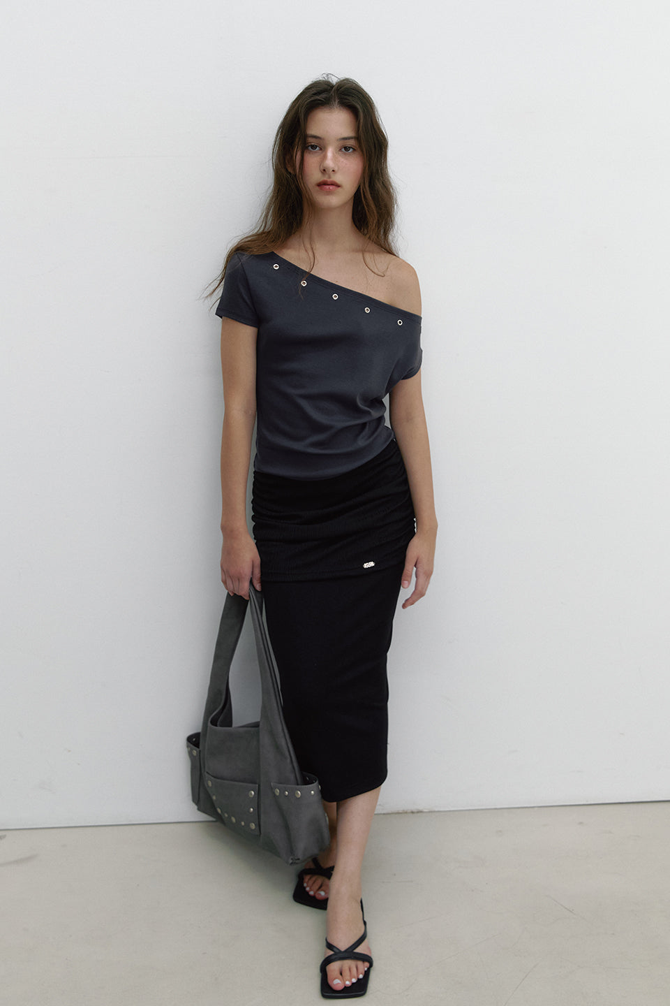 MIX SHIRRING SKIRT_BLACK