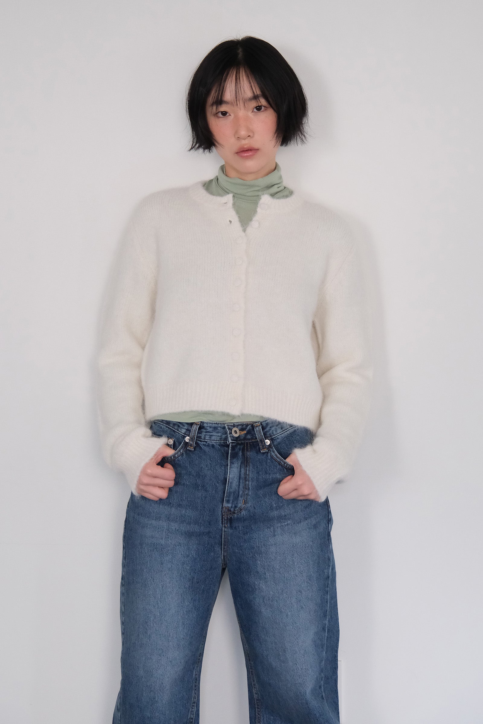 MOUI CARDIGAN EN ALPAGA À FENTE AVEC RUBAN_IVOIRE